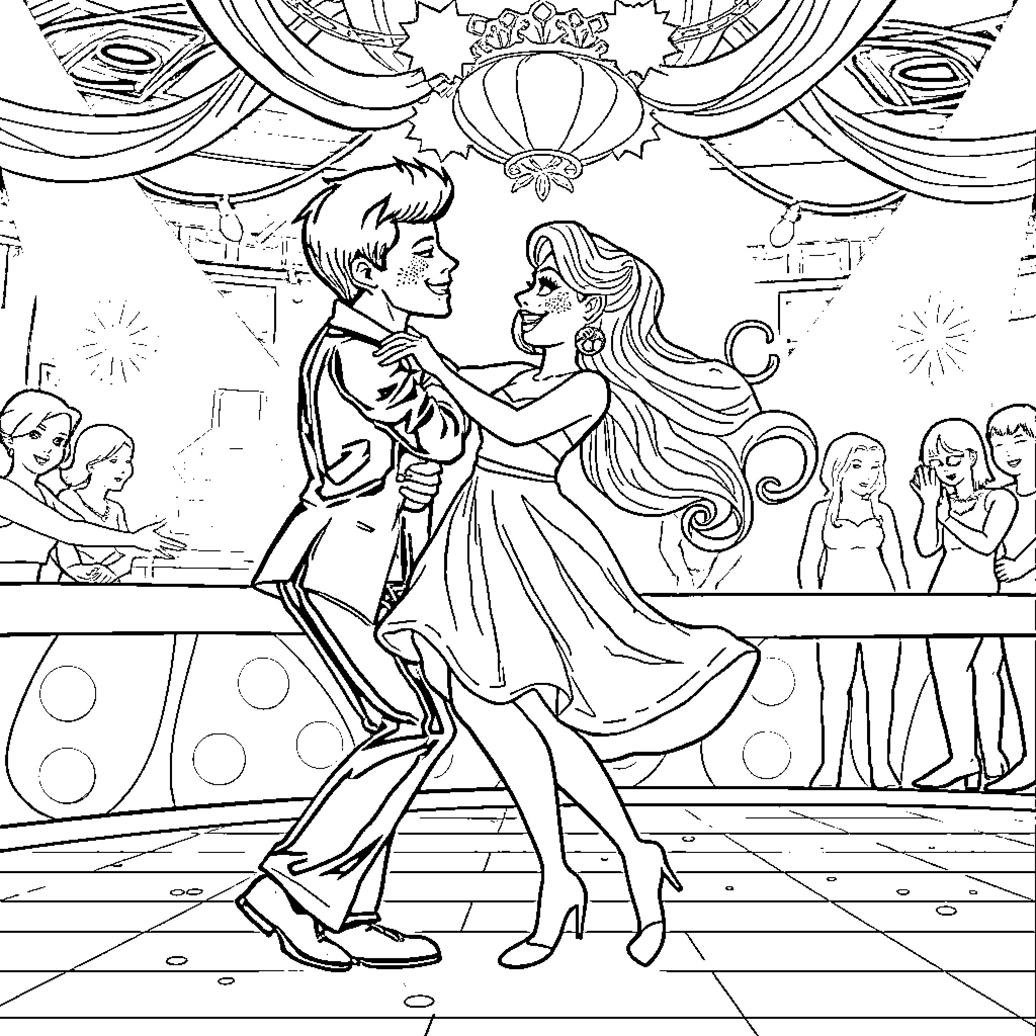 Candy Couple Dancing at Masquerade Ball Coloring Page (free black-and-white line drawing printable PDF for all, from beginners to advanced learners, including children, teens, adults, and seniors)