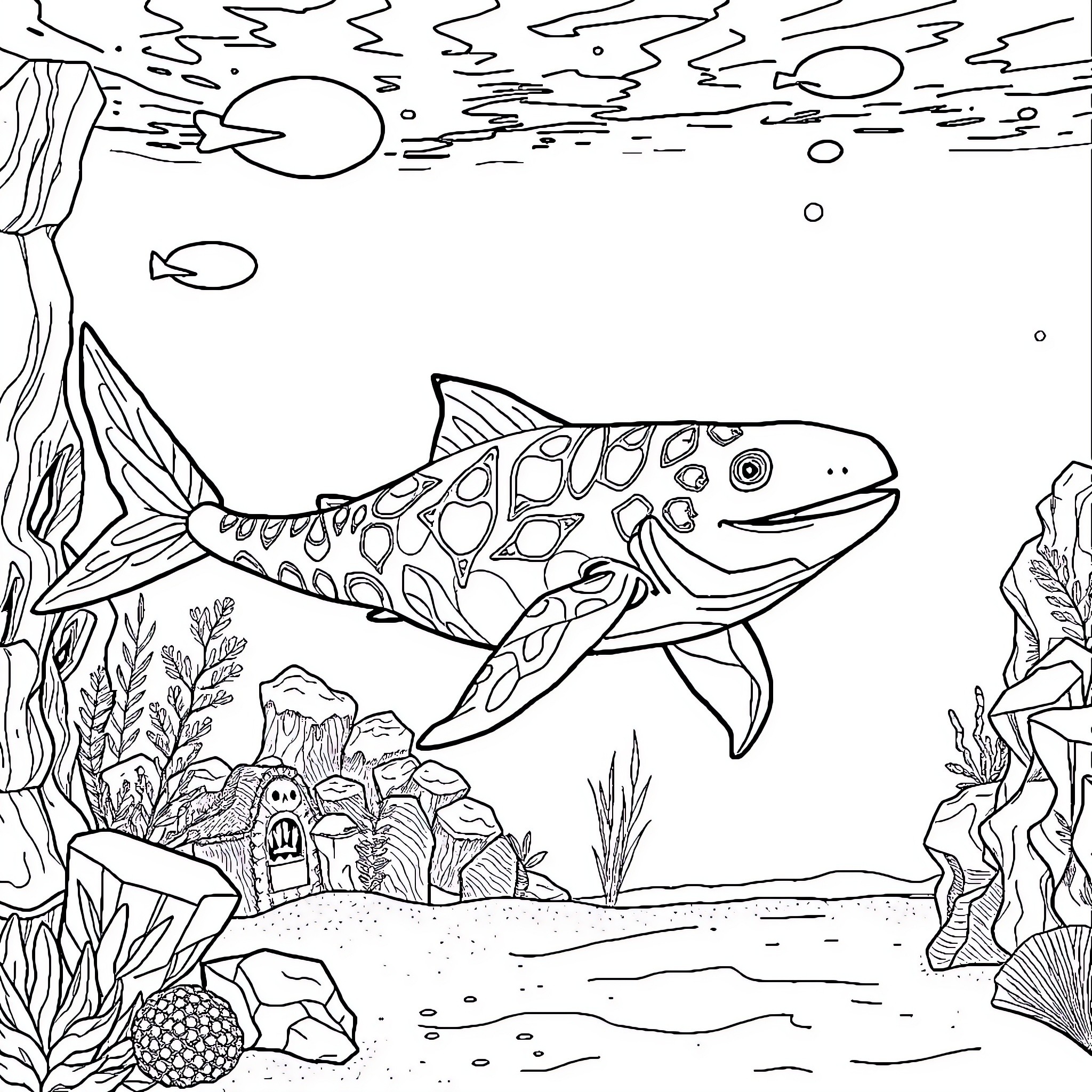 Monster Fish Exploring Underwater Scenery Coloring Page (free black-and-white line drawing printable PDF for all, from beginners to advanced learners, including children, teens, adults, and seniors)