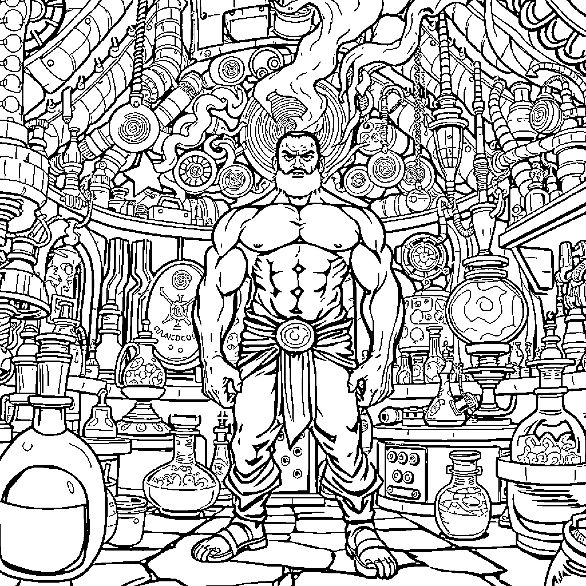 Man stands amidst fantastical machinery and objects Coloring Page (free black-and-white line drawing printable PDF for all, from beginners to advanced learners, including children, teens, adults, and seniors)