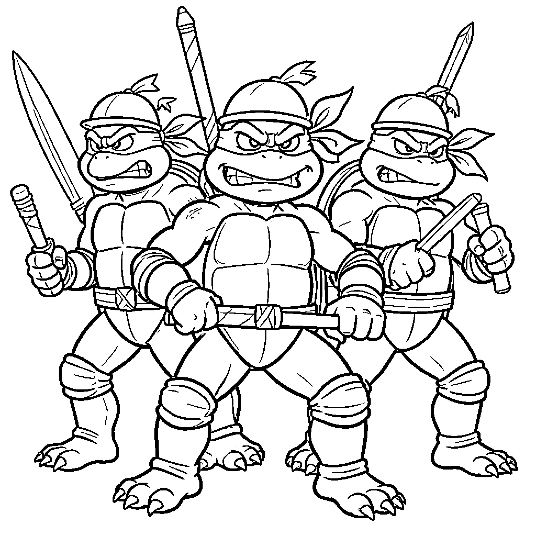 Ninja Turtle warriors ready for battle Coloring Page (free black-and-white line drawing printable PDF for all, from beginners to advanced learners, including children, teens, adults, and seniors)
