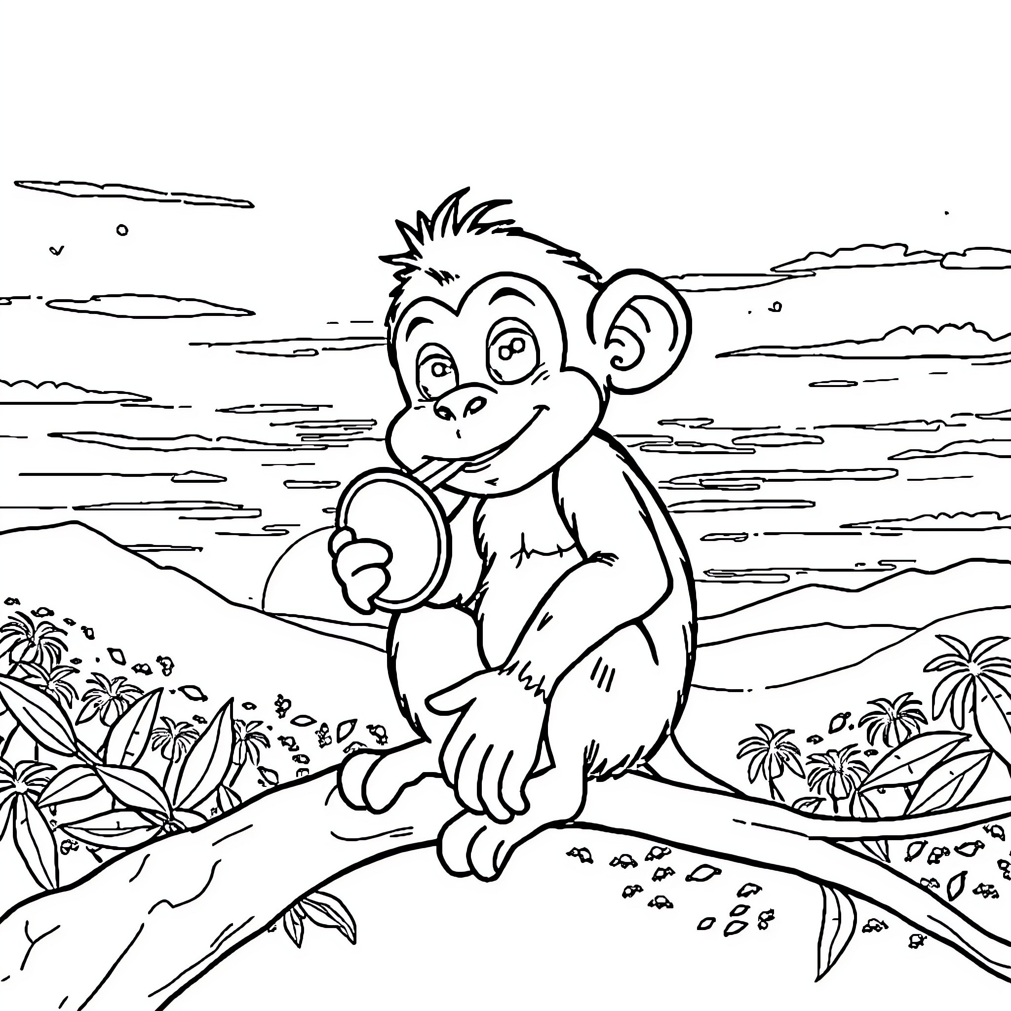 Monkey sitting on a branch in a tropical landscape Coloring Page (free black-and-white line drawing printable PDF for all, from beginners to advanced learners, including children, teens, adults, and seniors)