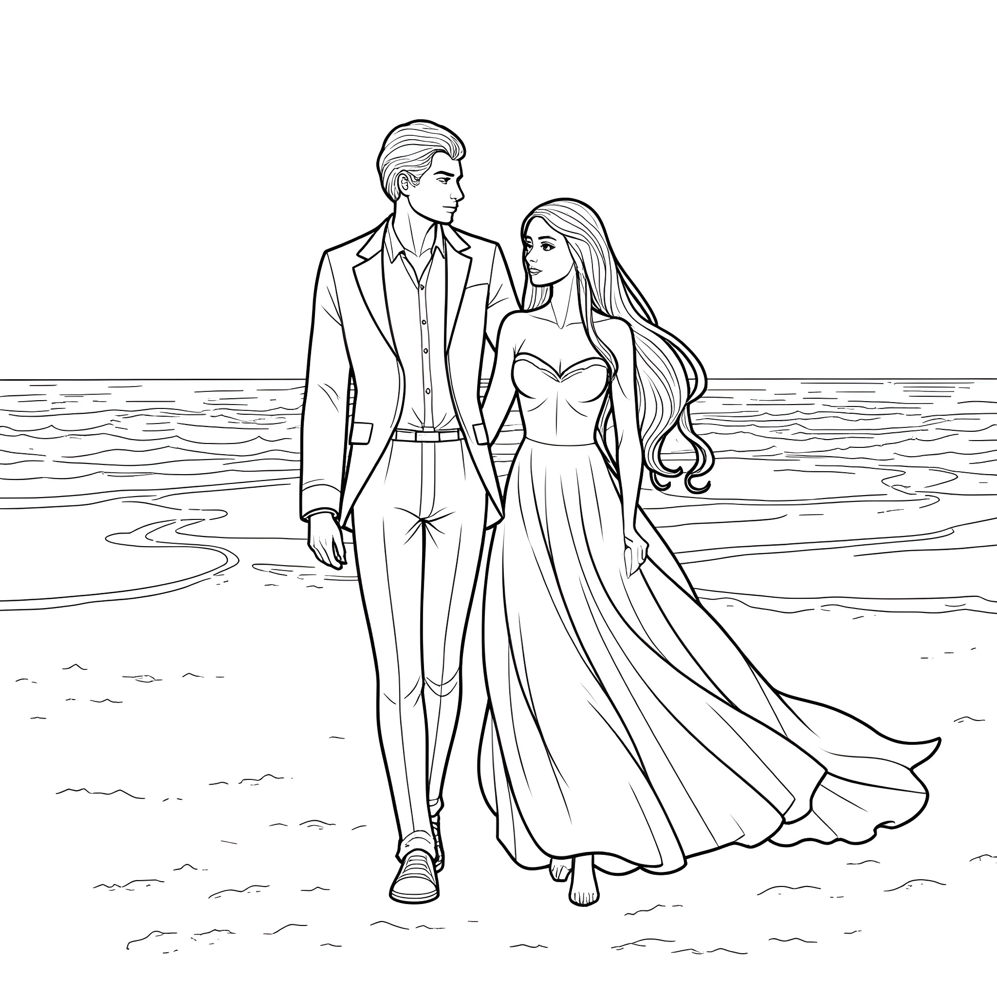 Rhysand and his love interest on the beach Coloring Page (free black-and-white line drawing printable PDF for all, from beginners to advanced learners, including children, teens, adults, and seniors)