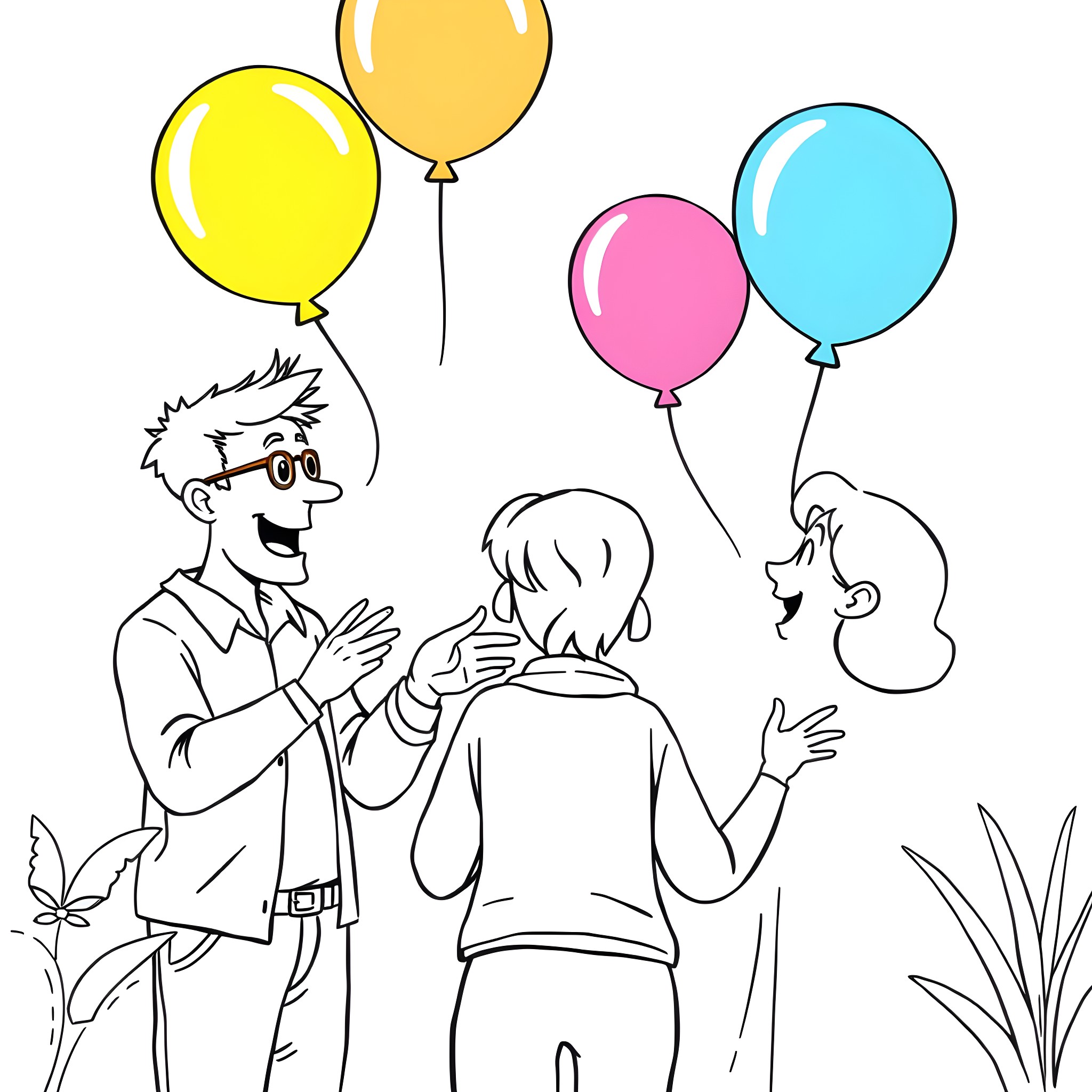 Argument over colorful balloons in the park Coloring Page (free black-and-white line drawing printable PDF for all, from beginners to advanced learners, including children, teens, adults, and seniors)