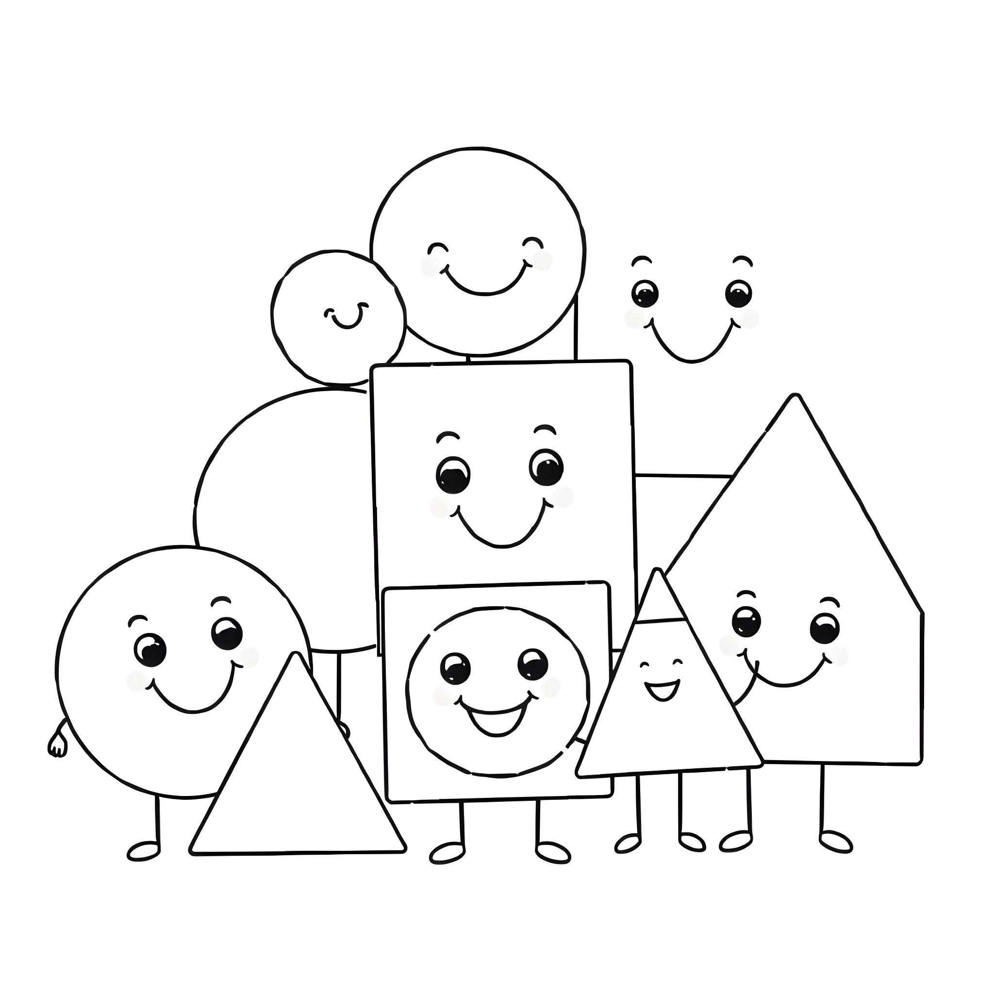 Shape Friends Gather Together Coloring Page (free black-and-white line drawing printable PDF for all, from beginners to advanced learners, including children, teens, adults, and seniors)
