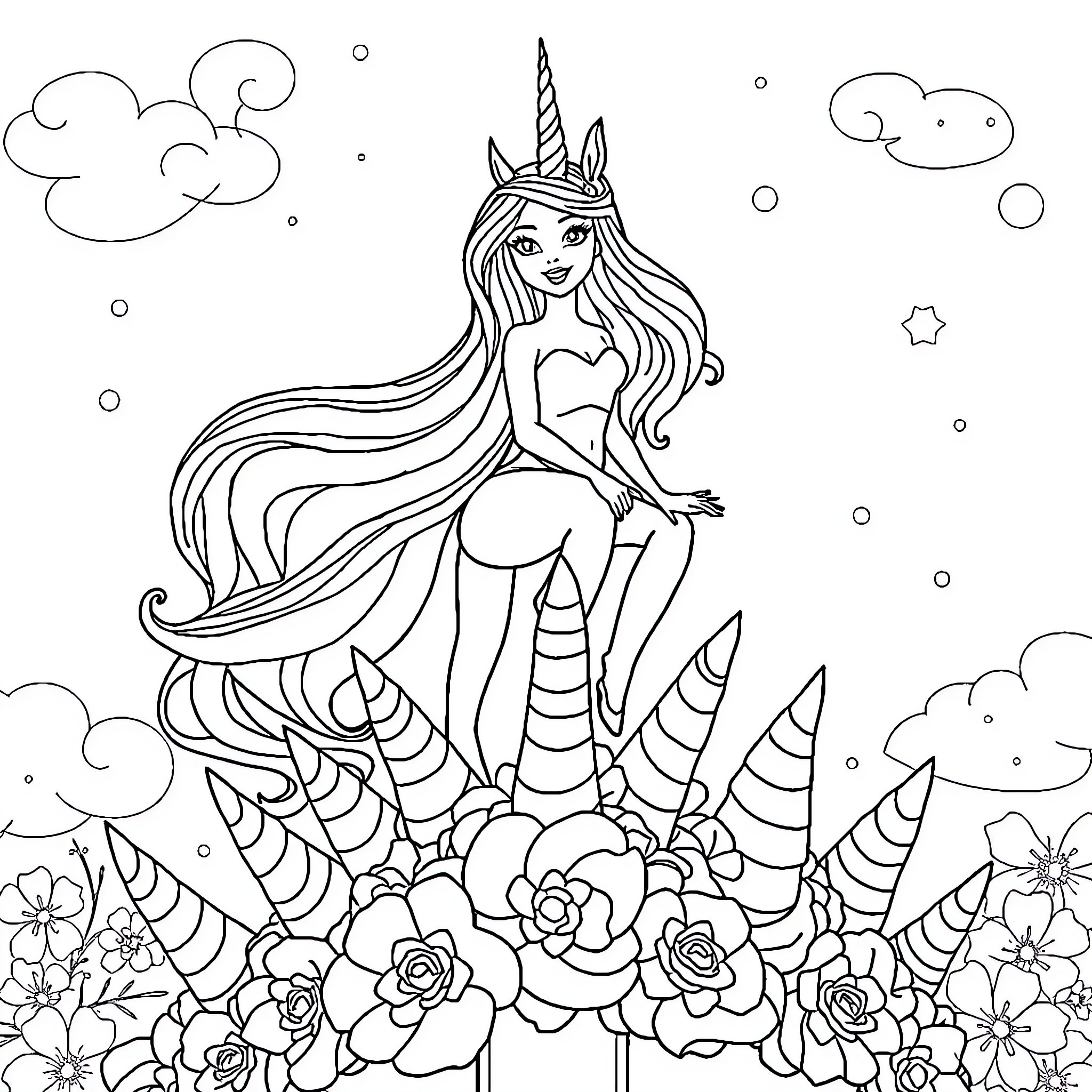 Barbie unicorn enjoying a magical floral garden Coloring Page (free black-and-white line drawing printable PDF for all, from beginners to advanced learners, including children, teens, adults, and seniors)