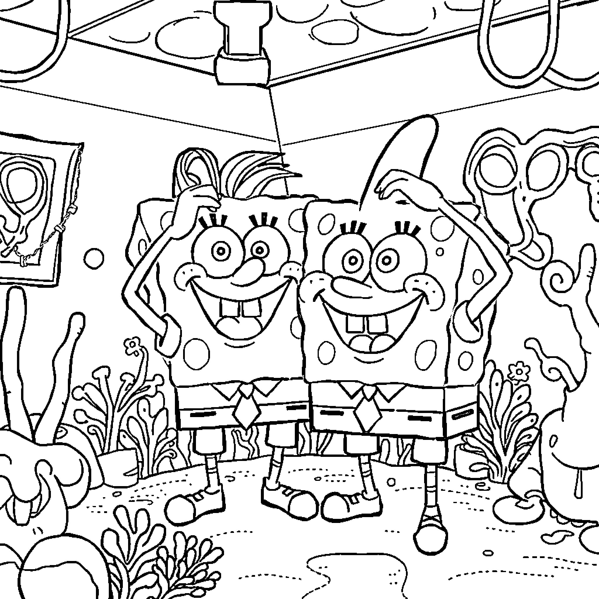 Spongebob and Patrick's Underwater Adventure Coloring Page (free black-and-white line drawing printable PDF for all, from beginners to advanced learners, including children, teens, adults, and seniors)