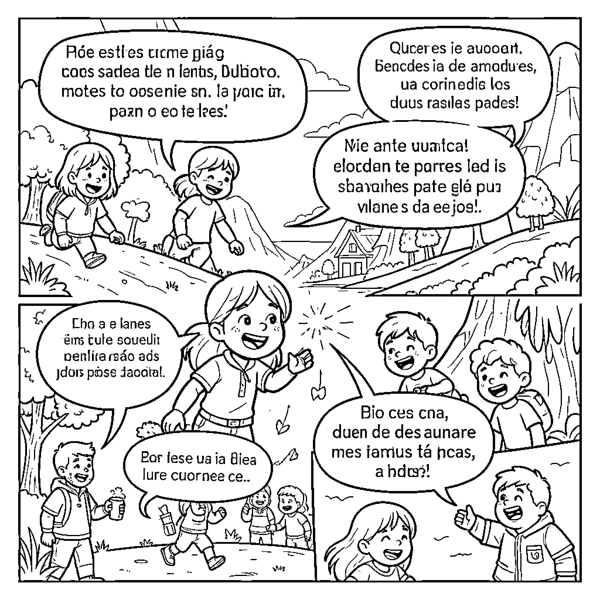 Characters laughing and walking through a hilly landscape Coloring Page (free black-and-white line drawing printable PDF for all, from beginners to advanced learners, including children, teens, adults, and seniors)