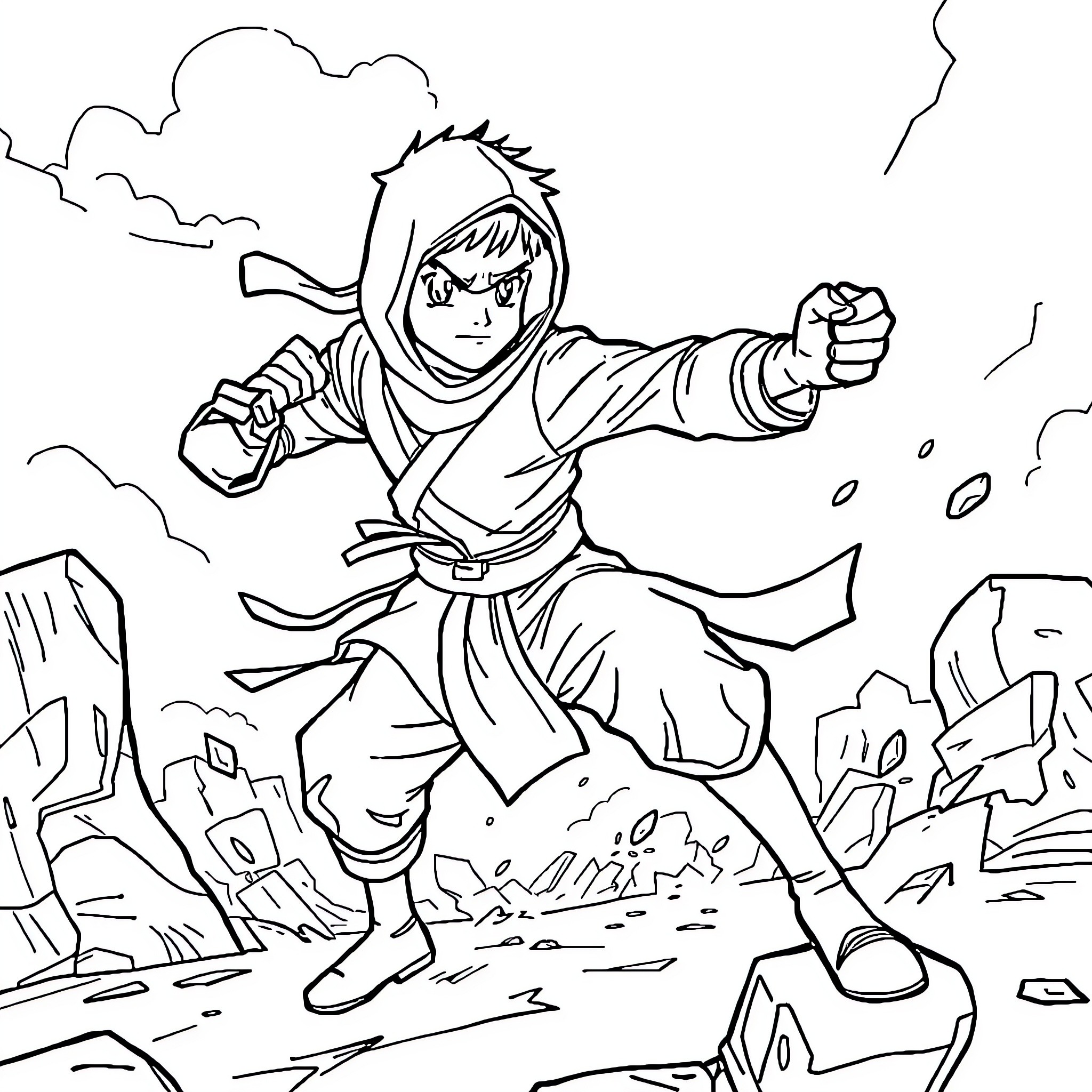 Randy Cunningham Battling Fearlessly in the Desert Coloring Page (free black-and-white line drawing printable PDF for all, from beginners to advanced learners, including children, teens, adults, and seniors)