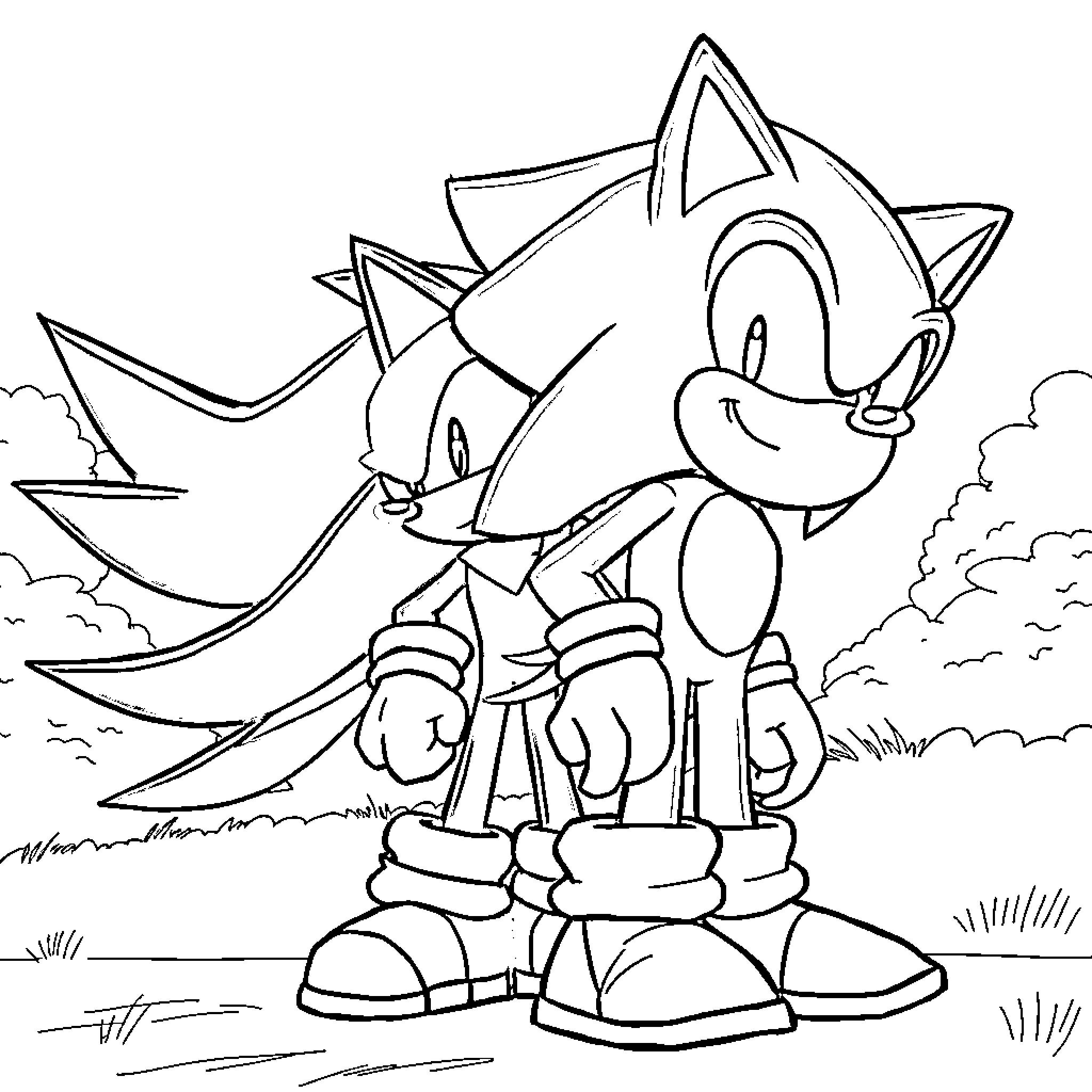 Sonic running through a grassy landscape Coloring Page (free black-and-white line drawing printable PDF for all, from beginners to advanced learners, including children, teens, adults, and seniors)