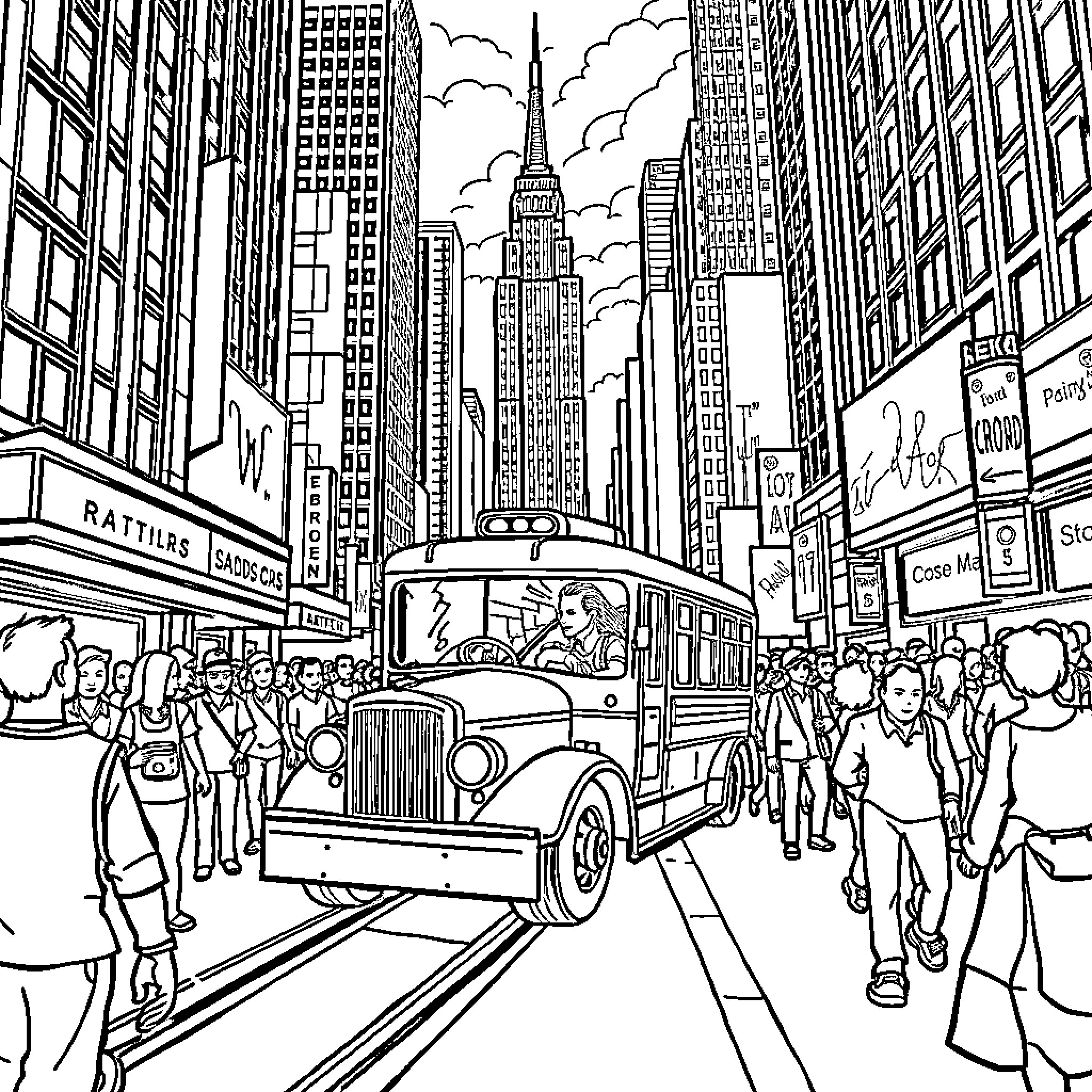 Johnny 5 in the bustling city streets Coloring Page (free black-and-white line drawing printable PDF for all, from beginners to advanced learners, including children, teens, adults, and seniors)