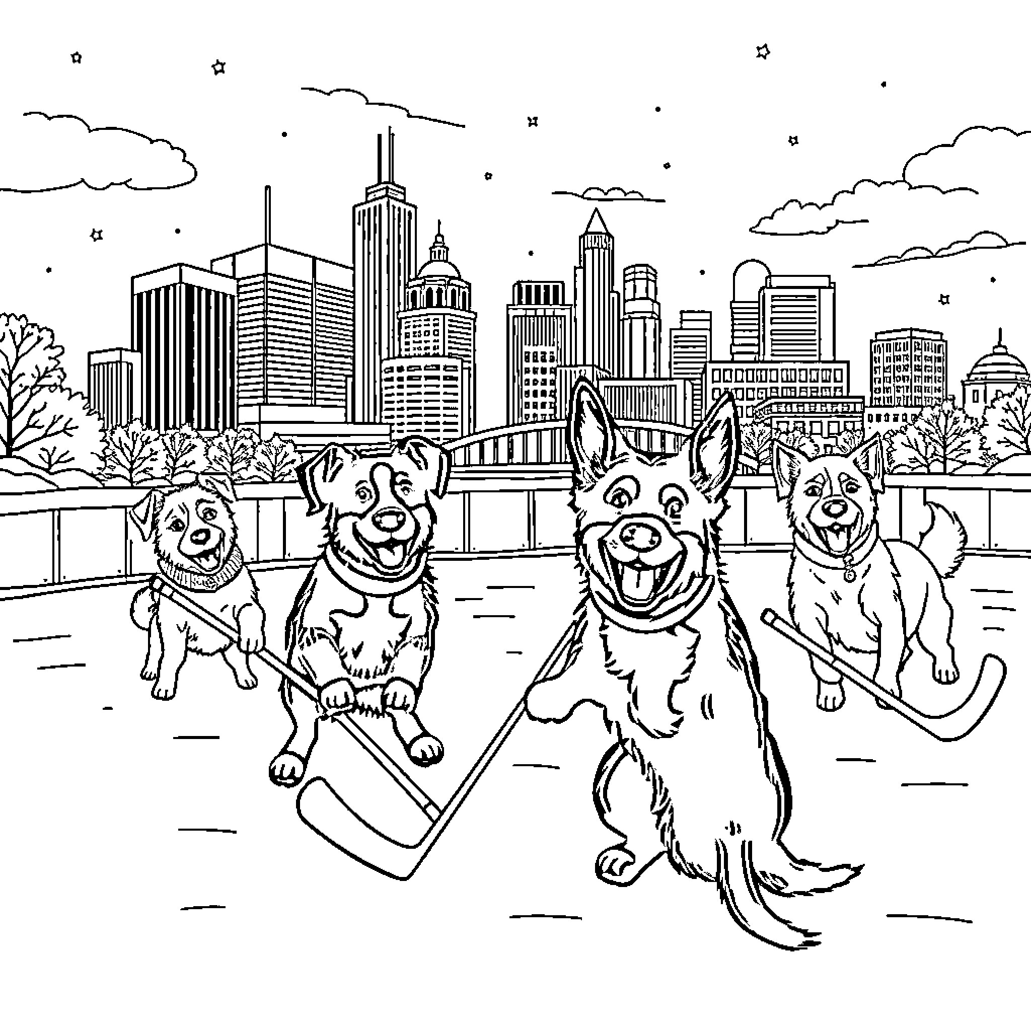 Dog companions exploring the city skyline Coloring Page (free black-and-white line drawing printable PDF for all, from beginners to advanced learners, including children, teens, adults, and seniors)