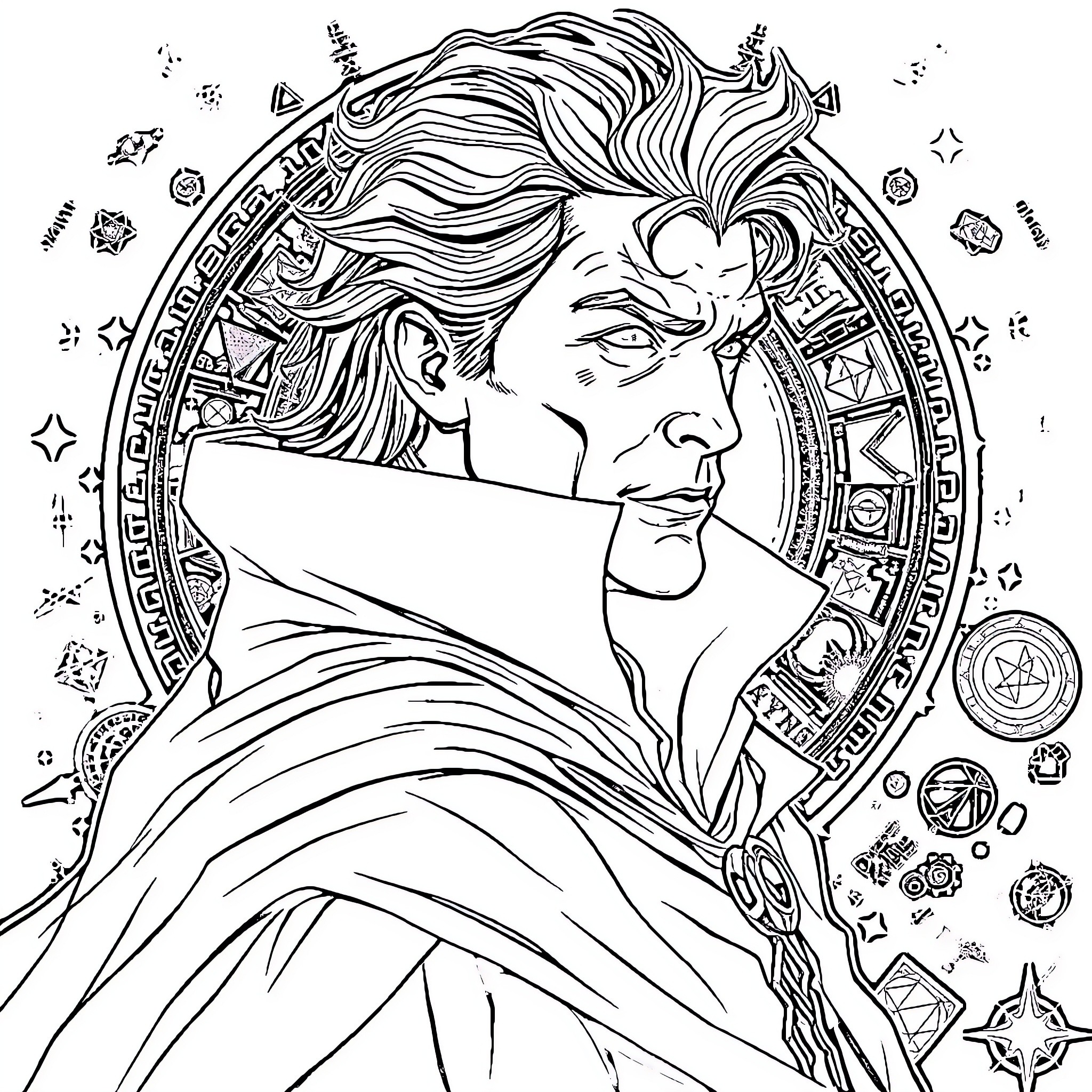 Man in mystical attire with intricate designs Coloring Page (free black-and-white line drawing printable PDF for all, from beginners to advanced learners, including children, teens, adults, and seniors)