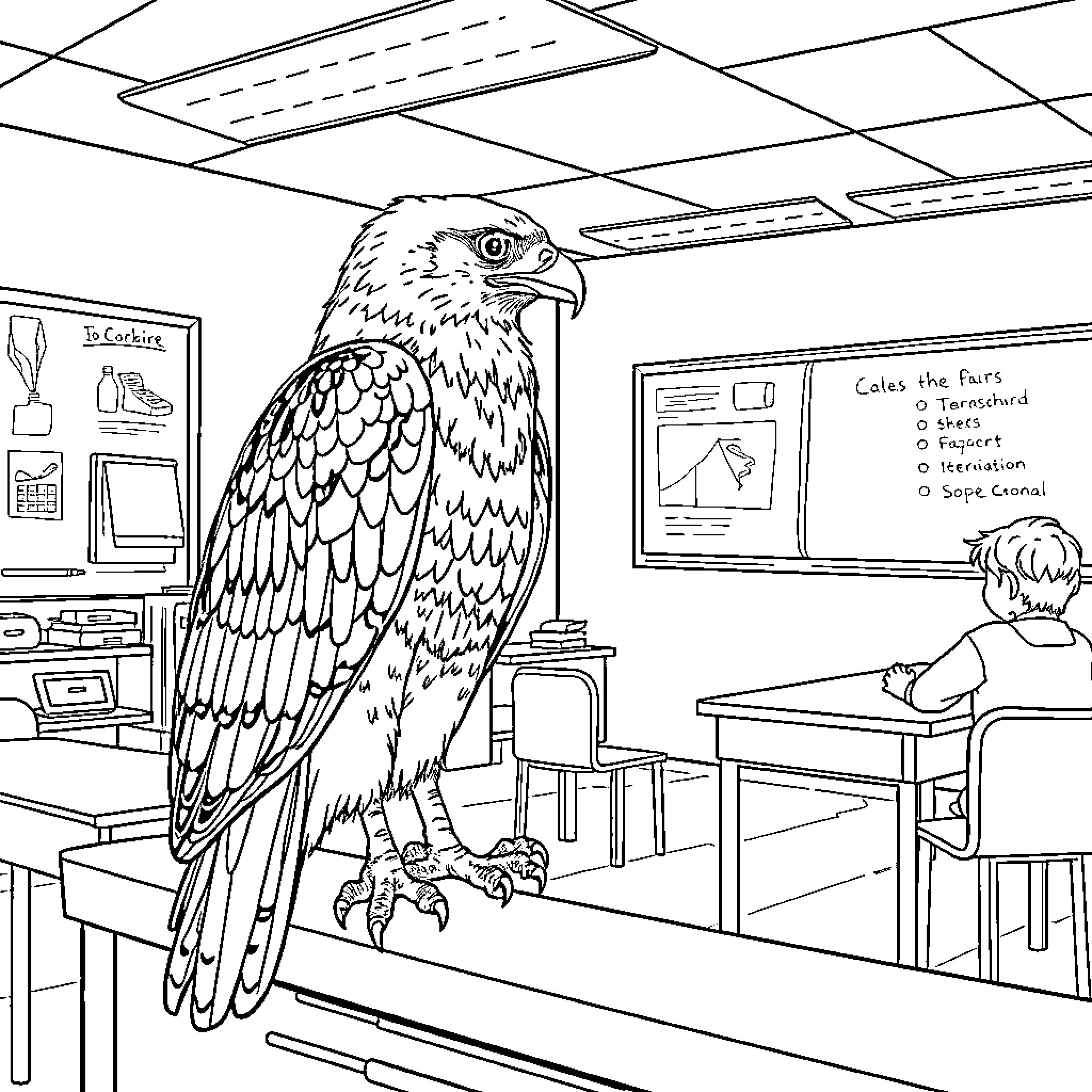 Hawk Observes Classroom Activities Coloring Page (free black-and-white line drawing printable PDF for all, from beginners to advanced learners, including children, teens, adults, and seniors)