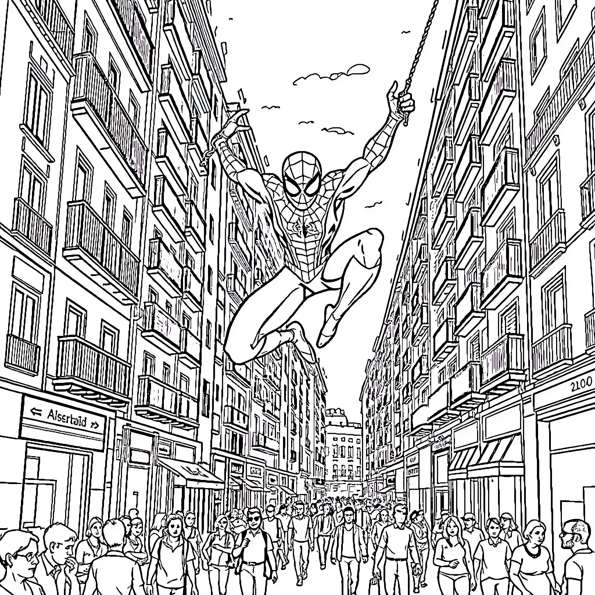 Spiderman swinging through the city streets Coloring Page (free black-and-white line drawing printable PDF for all, from beginners to advanced learners, including children, teens, adults, and seniors)