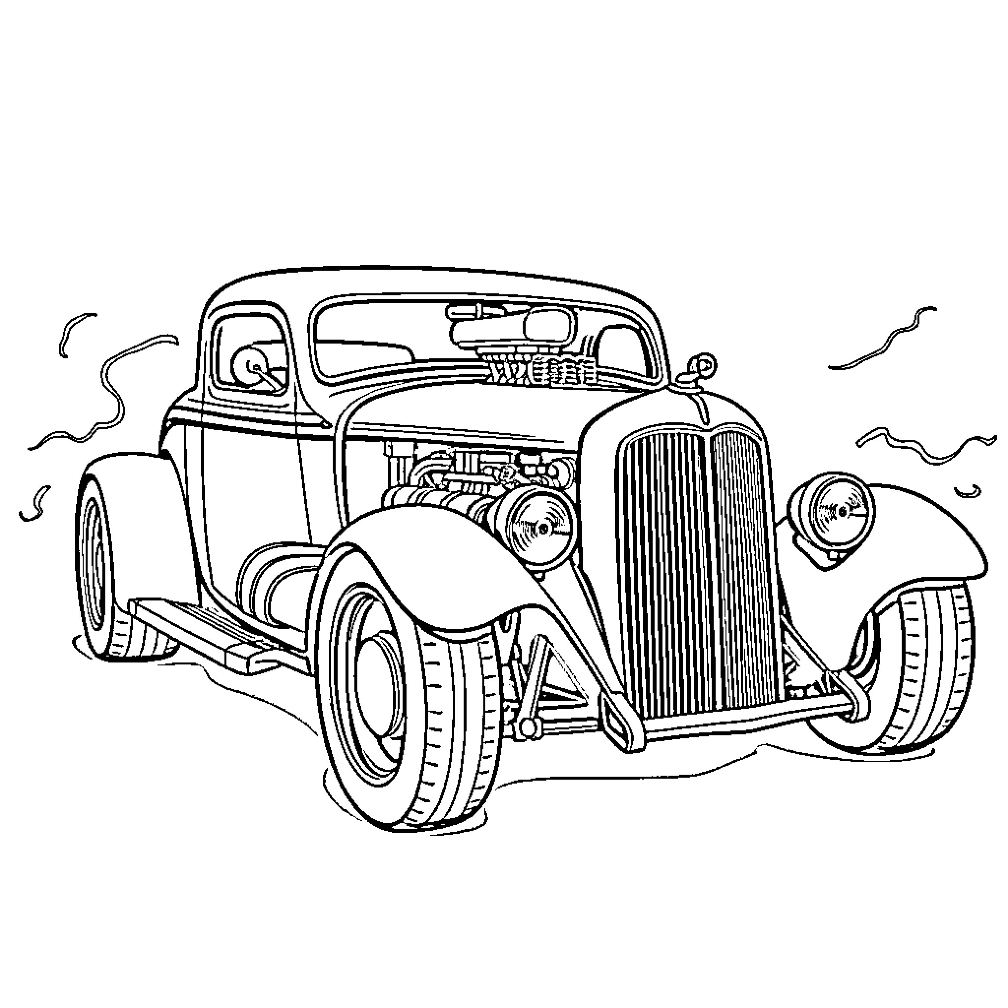 Hotrod classic car in action Coloring Page (free black-and-white line drawing printable PDF for all, from beginners to advanced learners, including children, teens, adults, and seniors)