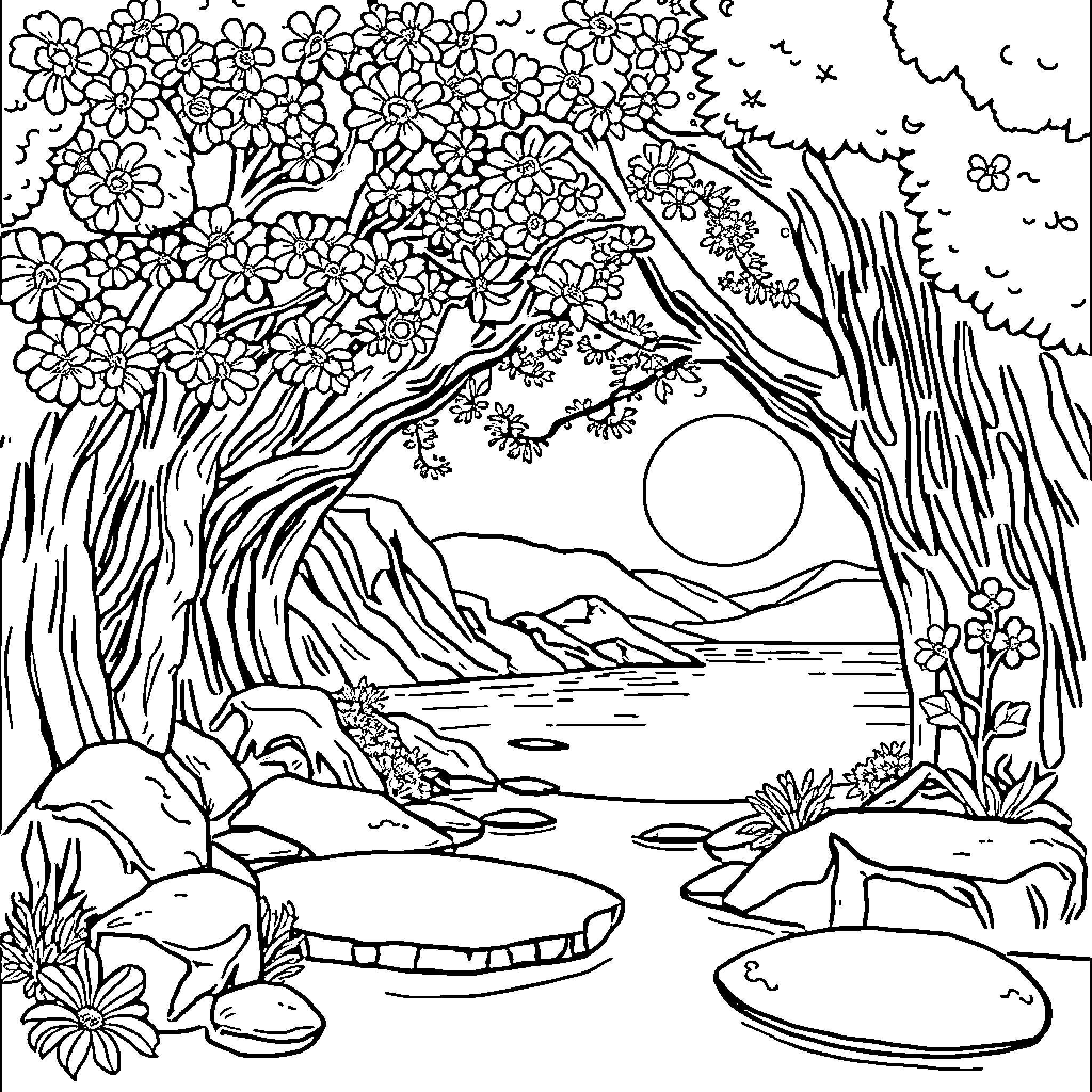 Amet Serene Nature Landscape with Blooming Flowers Coloring Page (free black-and-white line drawing printable PDF for all, from beginners to advanced learners, including children, teens, adults, and seniors)