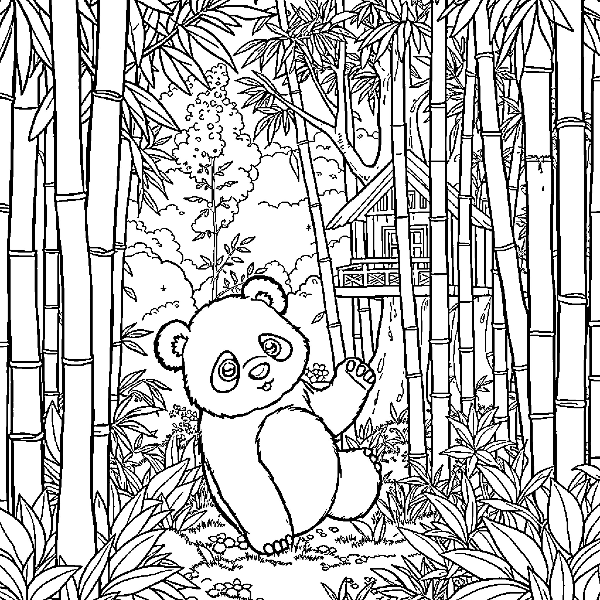 Panda playing in lush bamboo forest Coloring Page (free black-and-white line drawing printable PDF for all, from beginners to advanced learners, including children, teens, adults, and seniors)