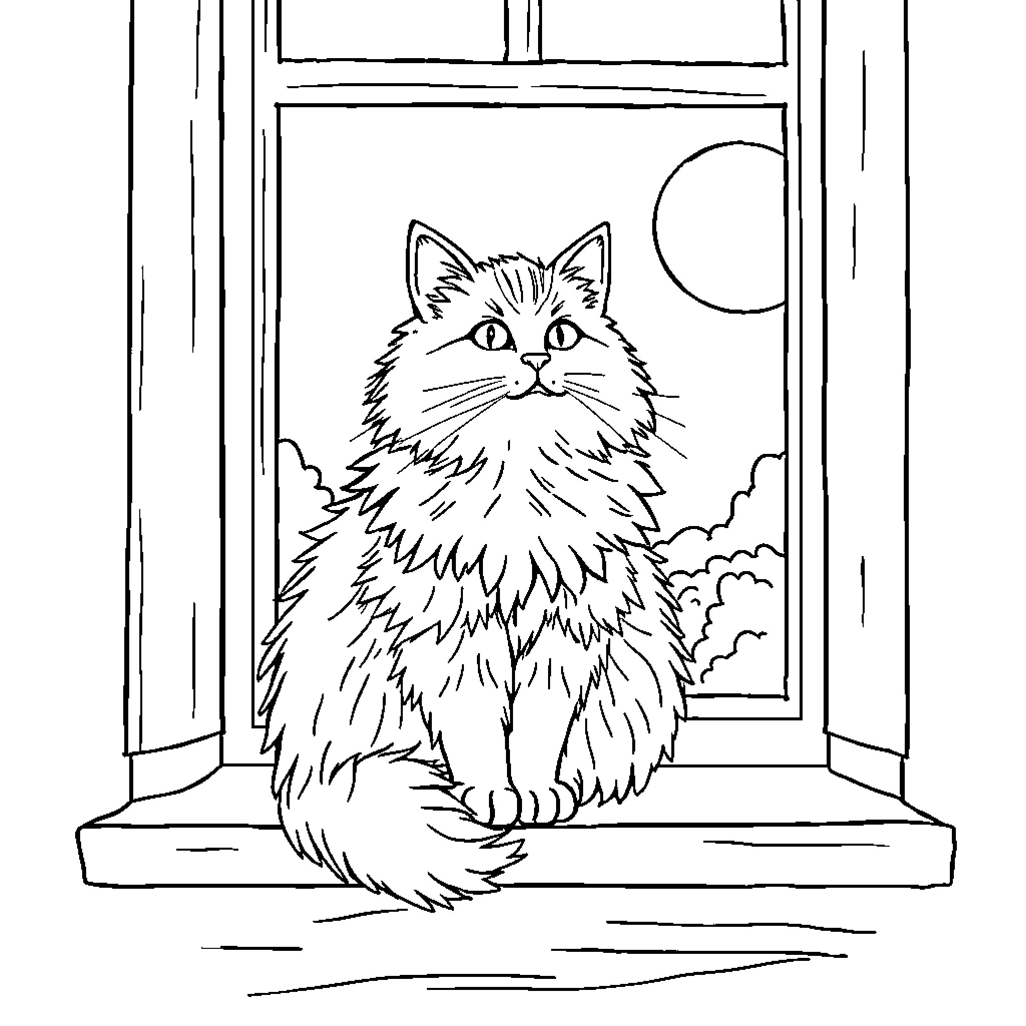 Cat sitting in window with night sky Coloring Page (free black-and-white line drawing printable PDF for all, from beginners to advanced learners, including children, teens, adults, and seniors)