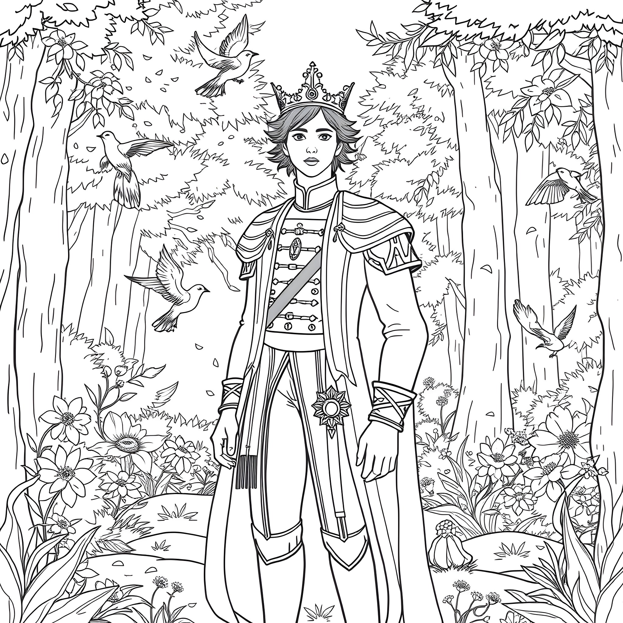 Prince exploring the enchanted forest Coloring Page (free black-and-white line drawing printable PDF for all, from beginners to advanced learners, including children, teens, adults, and seniors)