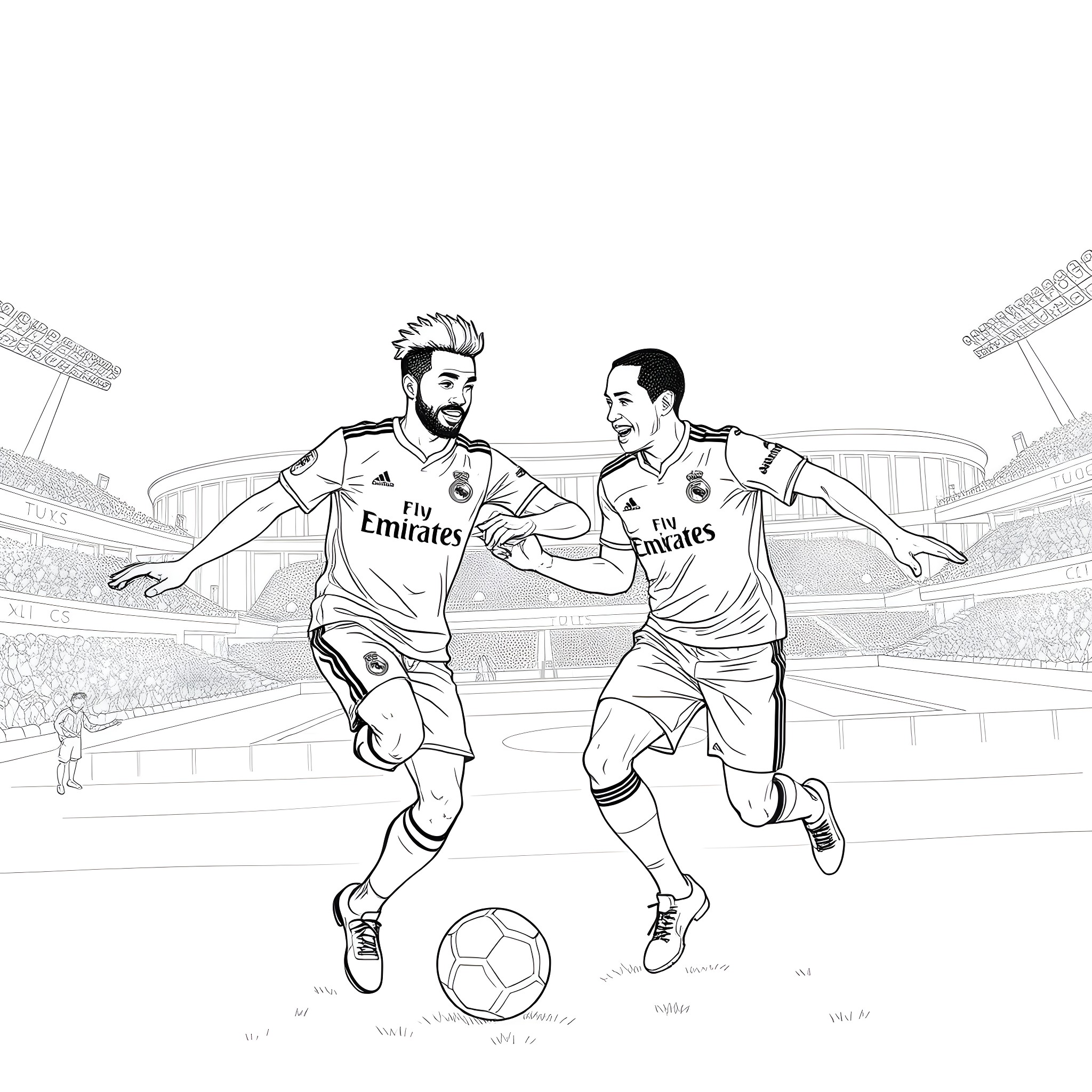 Bruno Mars Soccer Players Celebrate Victory on Field Coloring Page (free black-and-white line drawing printable PDF for all, from beginners to advanced learners, including children, teens, adults, and seniors)