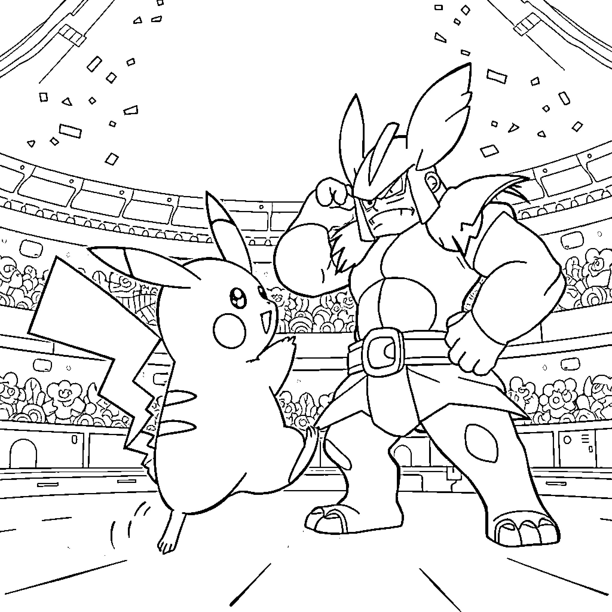 Pikachu in a Fierce Pokemon Battle Coloring Page (free black-and-white line drawing printable PDF for all, from beginners to advanced learners, including children, teens, adults, and seniors)