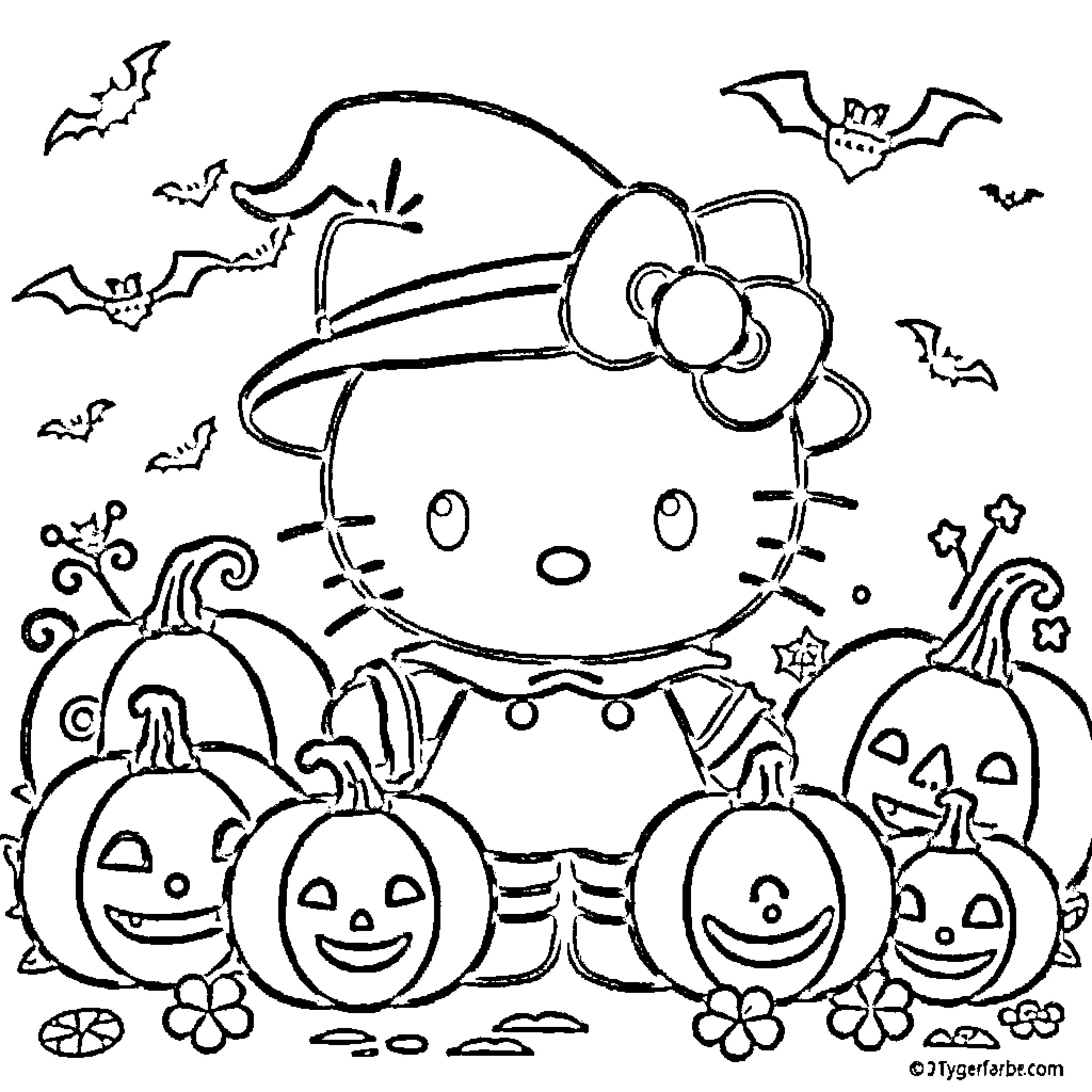 Hello Kitty in a Halloween Costume among Pumpkins Coloring Page (free black-and-white line drawing printable PDF for all, from beginners to advanced learners, including children, teens, adults, and seniors)