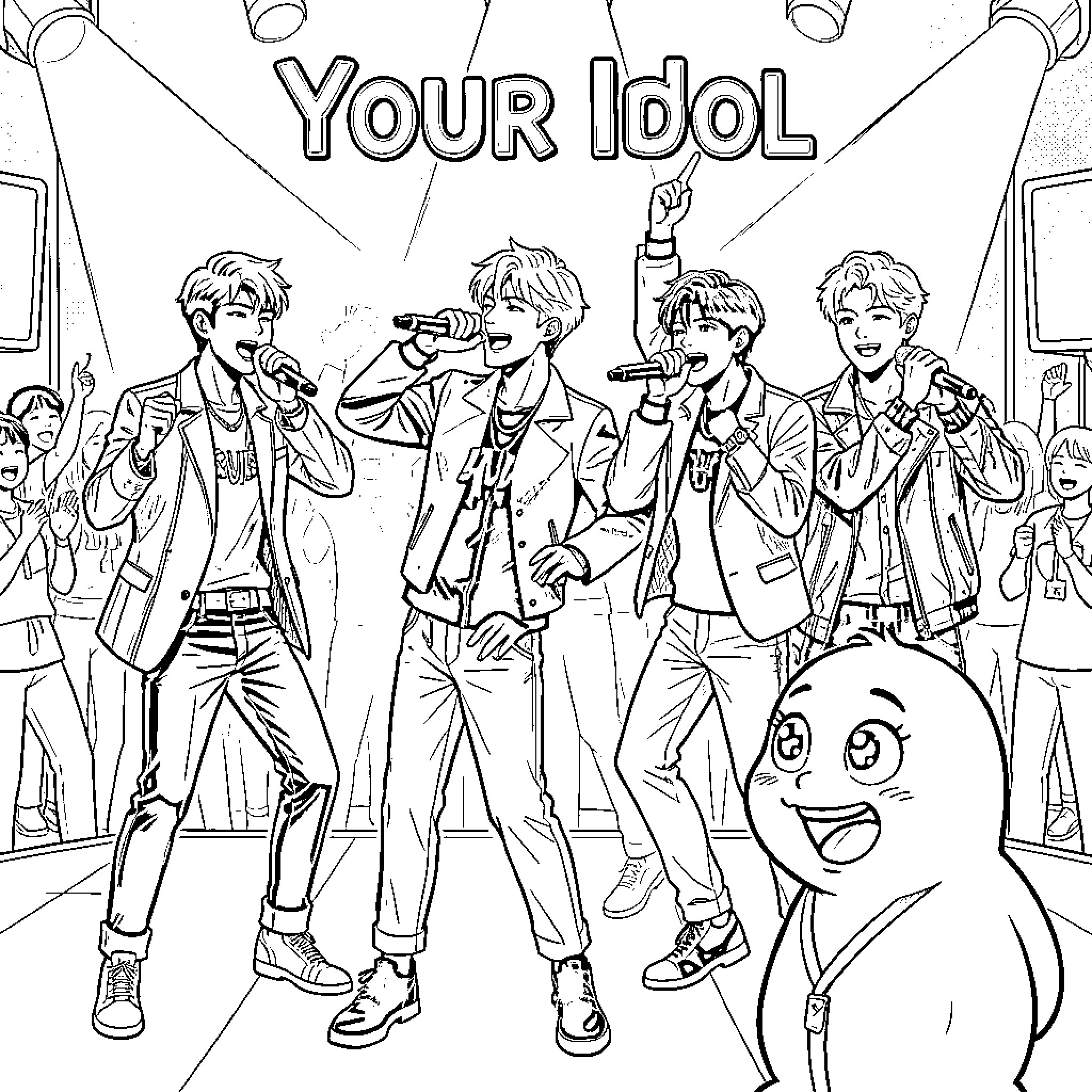 Saja Boys performing energetic songs on a stage Coloring Page (free black-and-white line drawing printable PDF for all, from beginners to advanced learners, including children, teens, adults, and seniors)