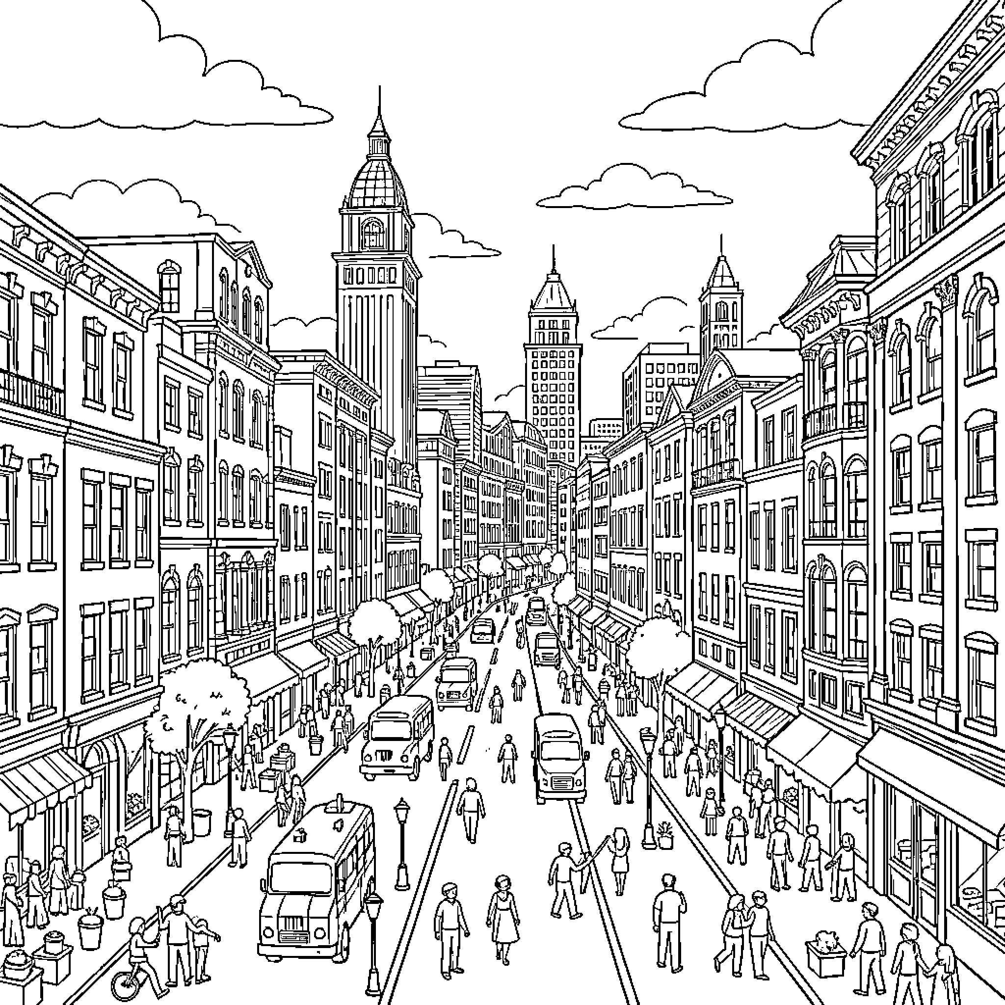 Columbia's Bustling City Streets and Landmarks Coloring Page (free black-and-white line drawing printable PDF for all, from beginners to advanced learners, including children, teens, adults, and seniors)