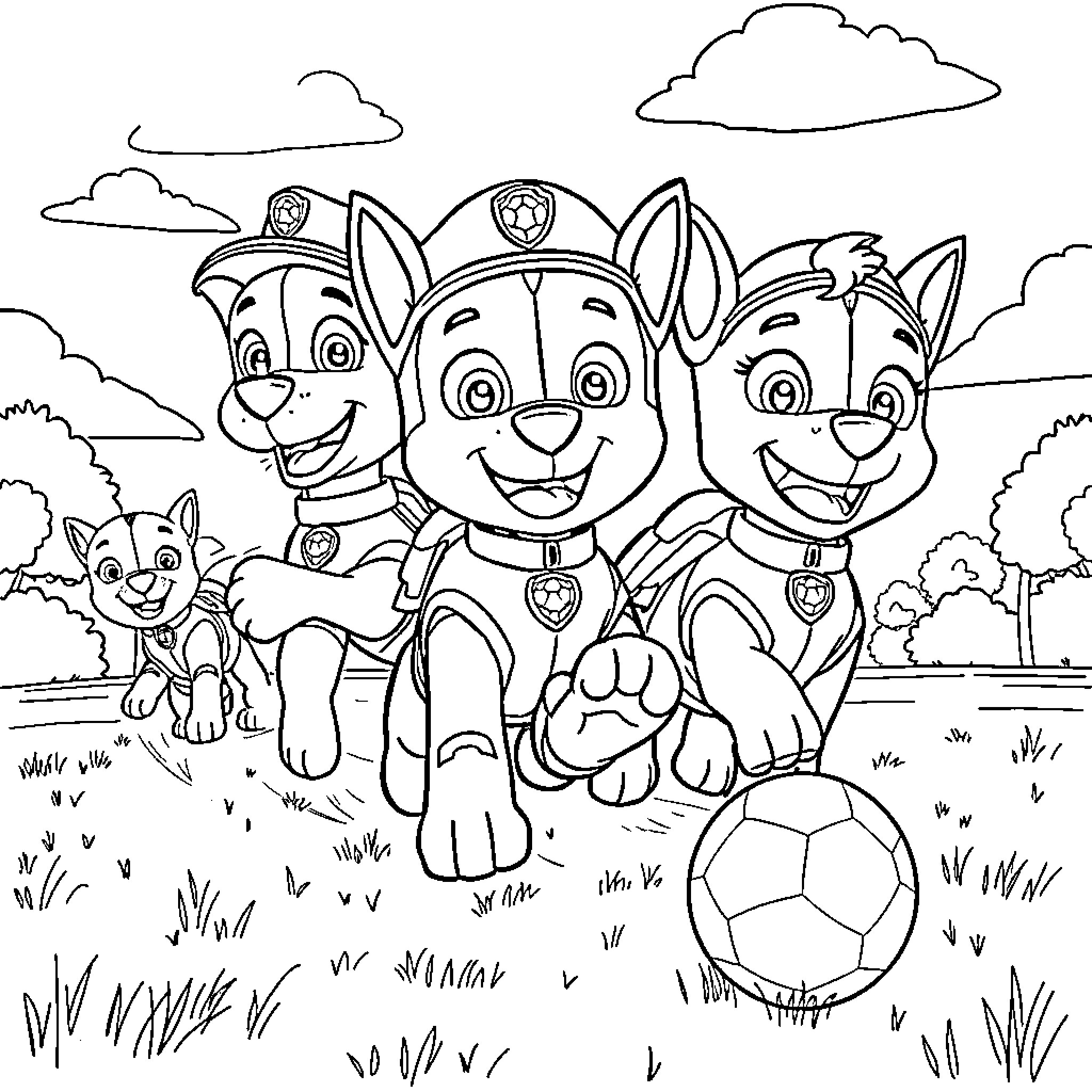 Paw Patrol characters playing with a soccer ball Coloring Page (free black-and-white line drawing printable PDF for all, from beginners to advanced learners, including children, teens, adults, and seniors)
