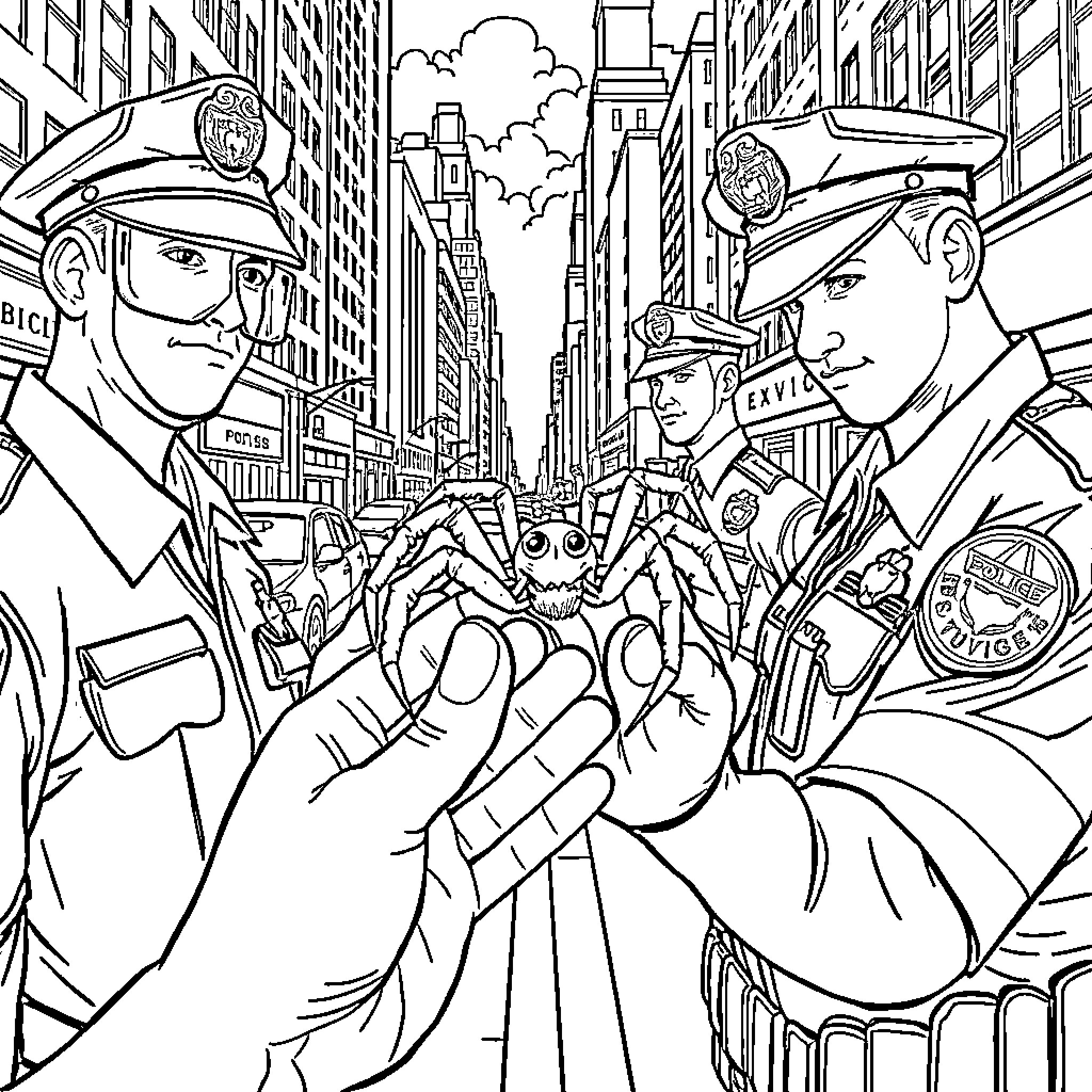 Spider-Man stopping crime in the city with police Coloring Page (free black-and-white line drawing printable PDF for all, from beginners to advanced learners, including children, teens, adults, and seniors)