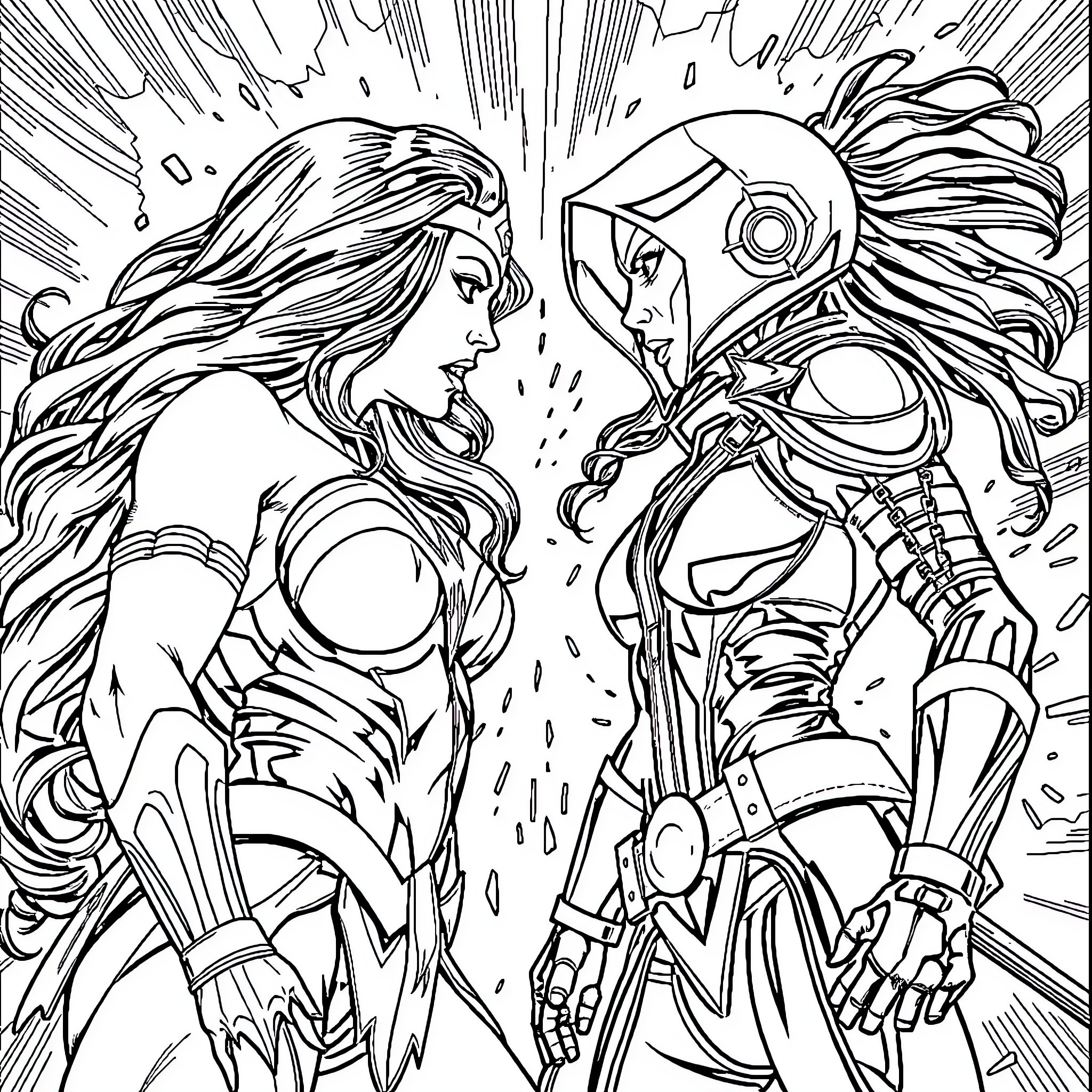 Wonder Woman vs. Female Warrior in Epic Battle Coloring Page (free black-and-white line drawing printable PDF for all, from beginners to advanced learners, including children, teens, adults, and seniors)