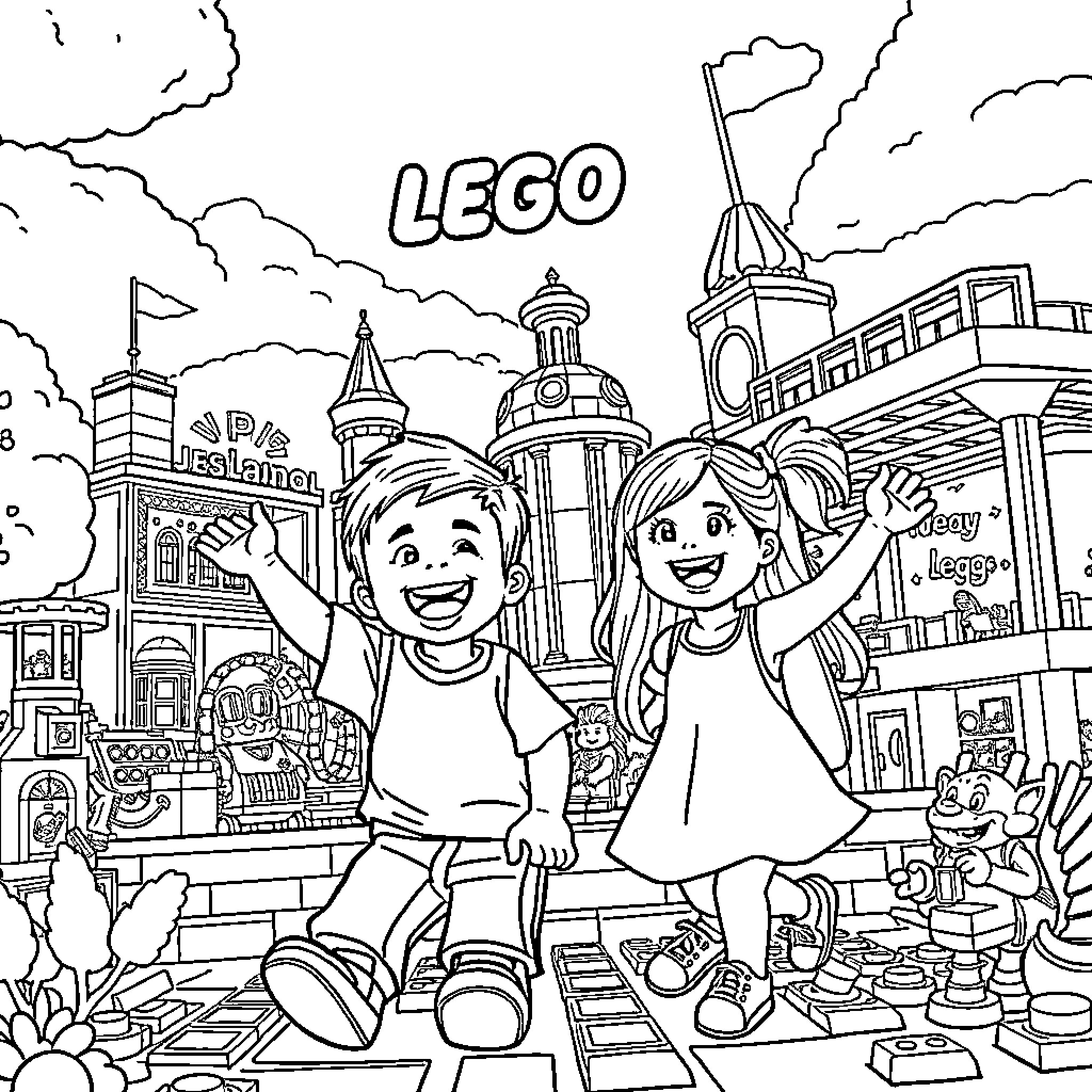 Boy and girl playing with Lego toys in Lego town Coloring Page (free black-and-white line drawing printable PDF for all, from beginners to advanced learners, including children, teens, adults, and seniors)