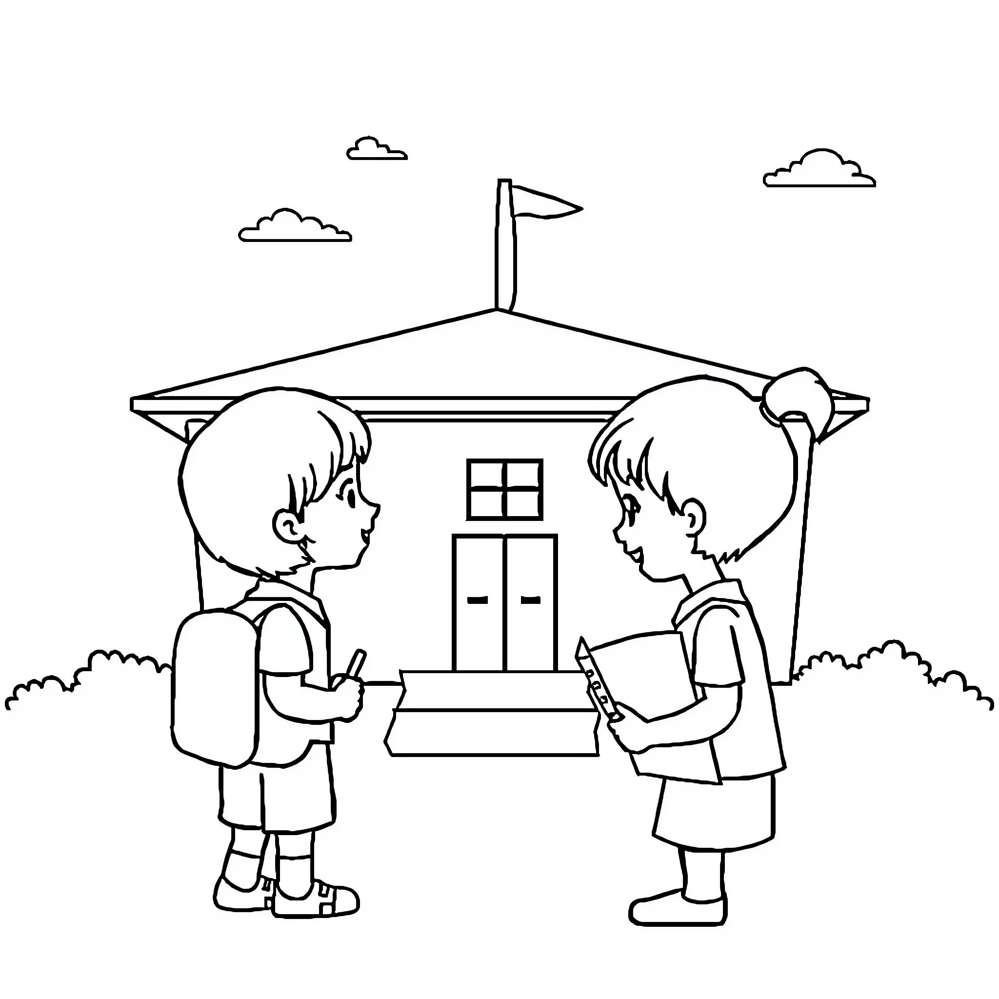 Education Friendship at School Building Coloring Page (free black-and-white line drawing printable PDF for all, from beginners to advanced learners, including children, teens, adults, and seniors)
