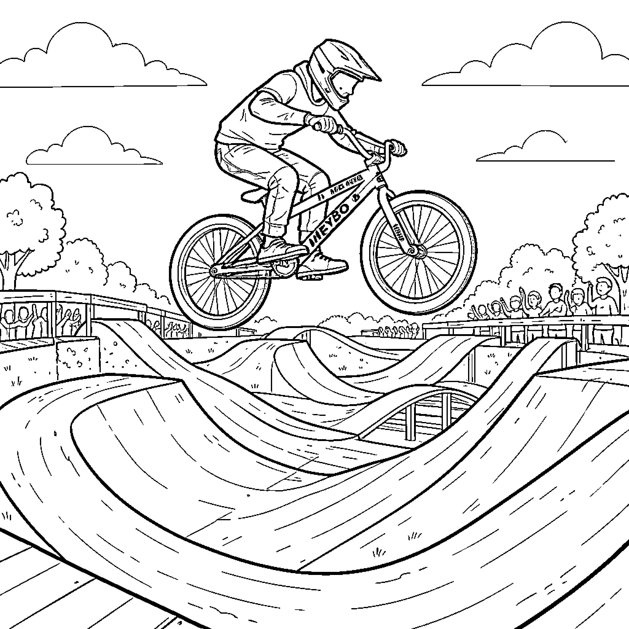 BMX Rider performing a jump at a skatepark Coloring Page (free black-and-white line drawing printable PDF for all, from beginners to advanced learners, including children, teens, adults, and seniors)