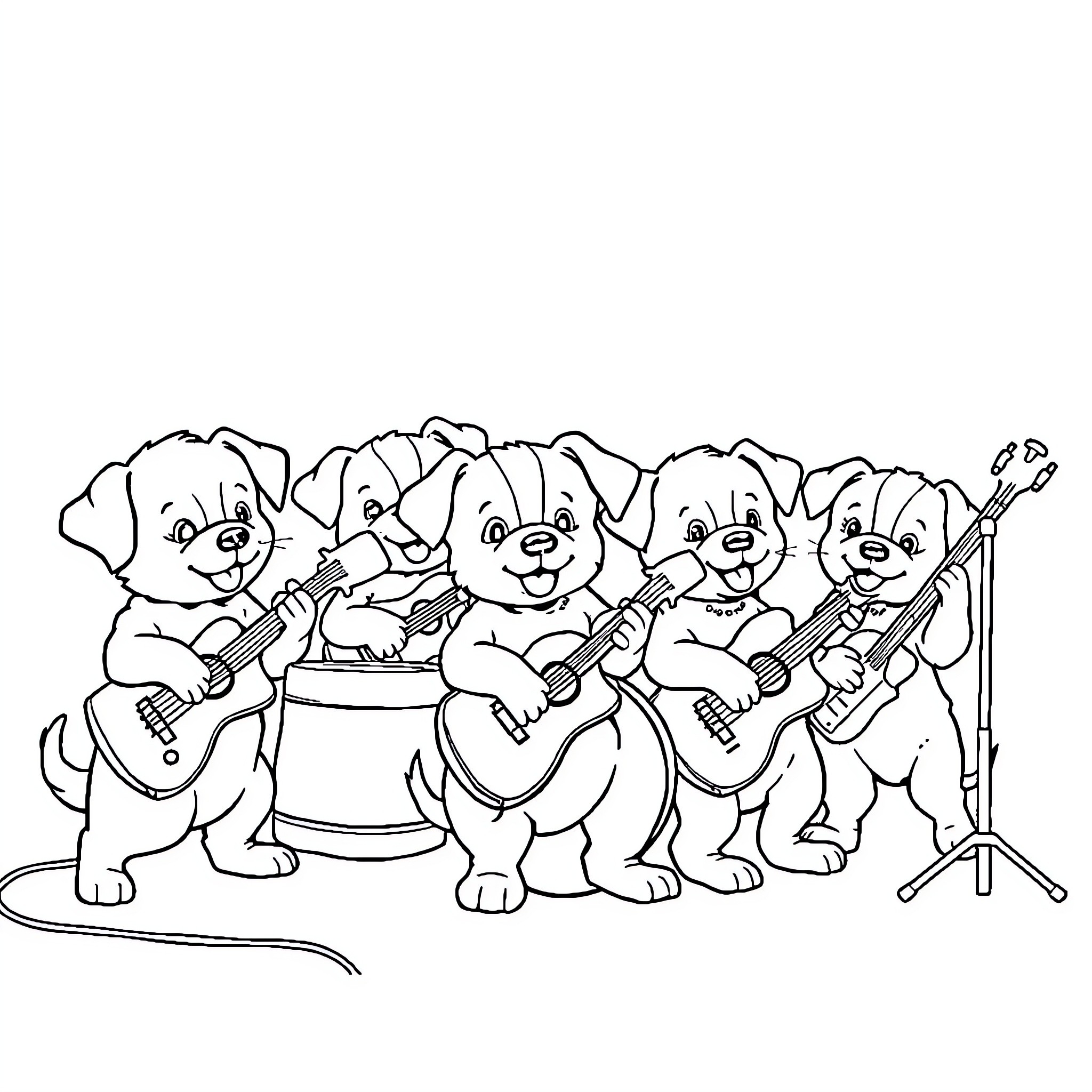 Puppy band performing with musical instruments Coloring Page (free black-and-white line drawing printable PDF for all, from beginners to advanced learners, including children, teens, adults, and seniors)