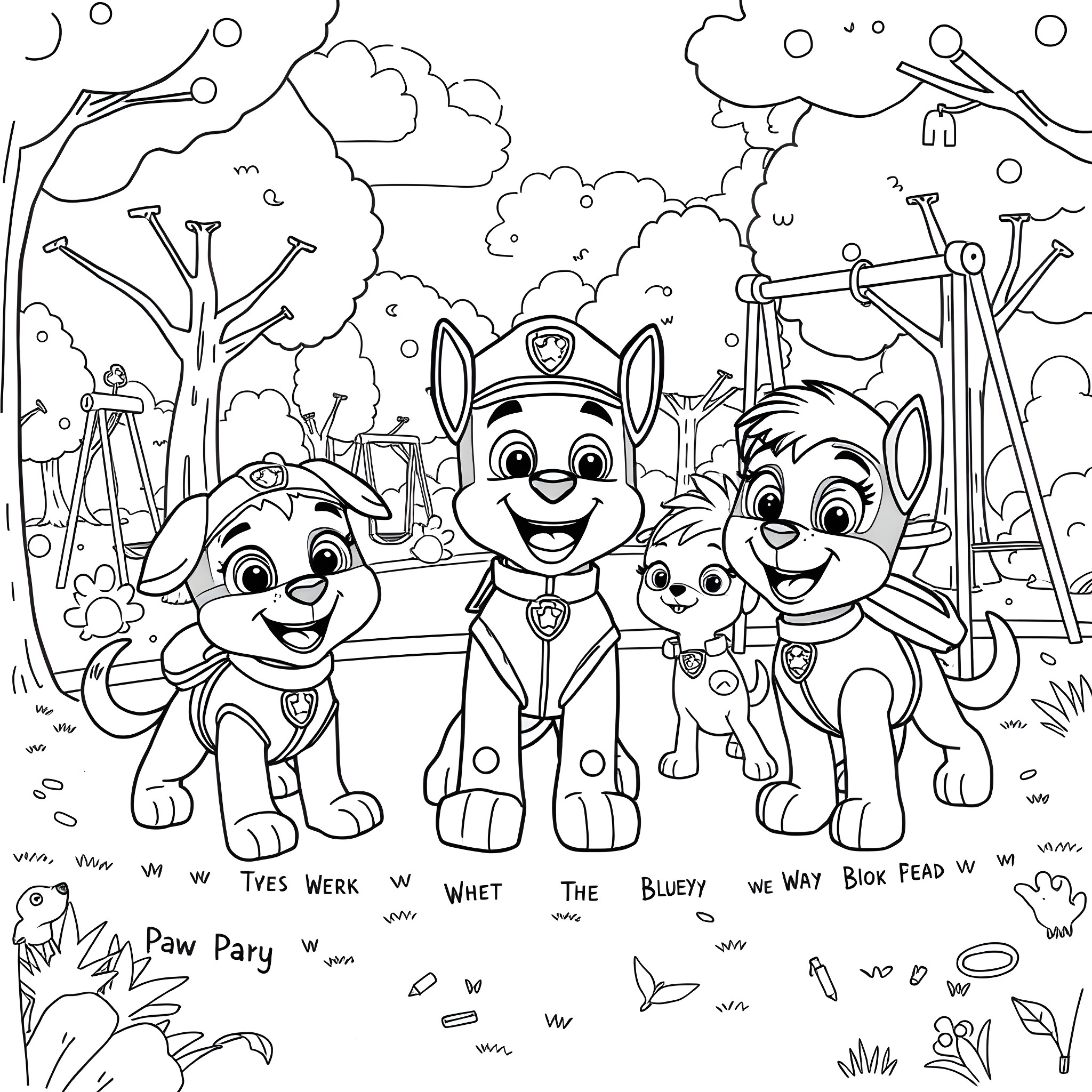 Paw Patrol team exploring the outdoor forest scene Coloring Page (free black-and-white line drawing printable PDF for all, from beginners to advanced learners, including children, teens, adults, and seniors)