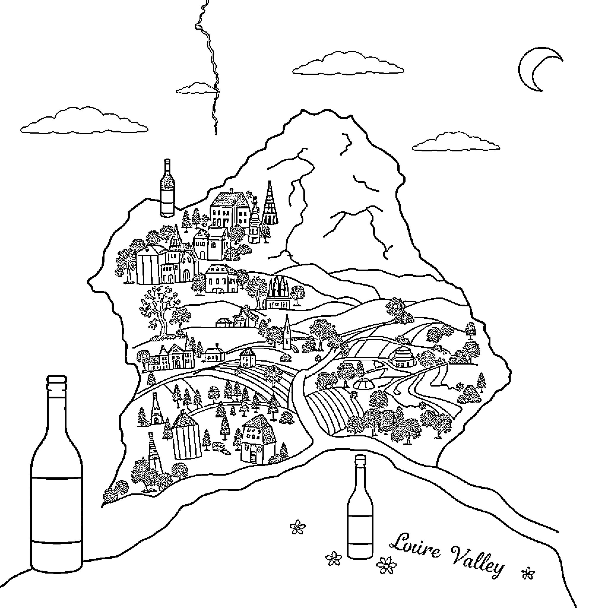 Map of a Whimsical Countryside Landscape Coloring Page (free black-and-white line drawing printable PDF for all, from beginners to advanced learners, including children, teens, adults, and seniors)