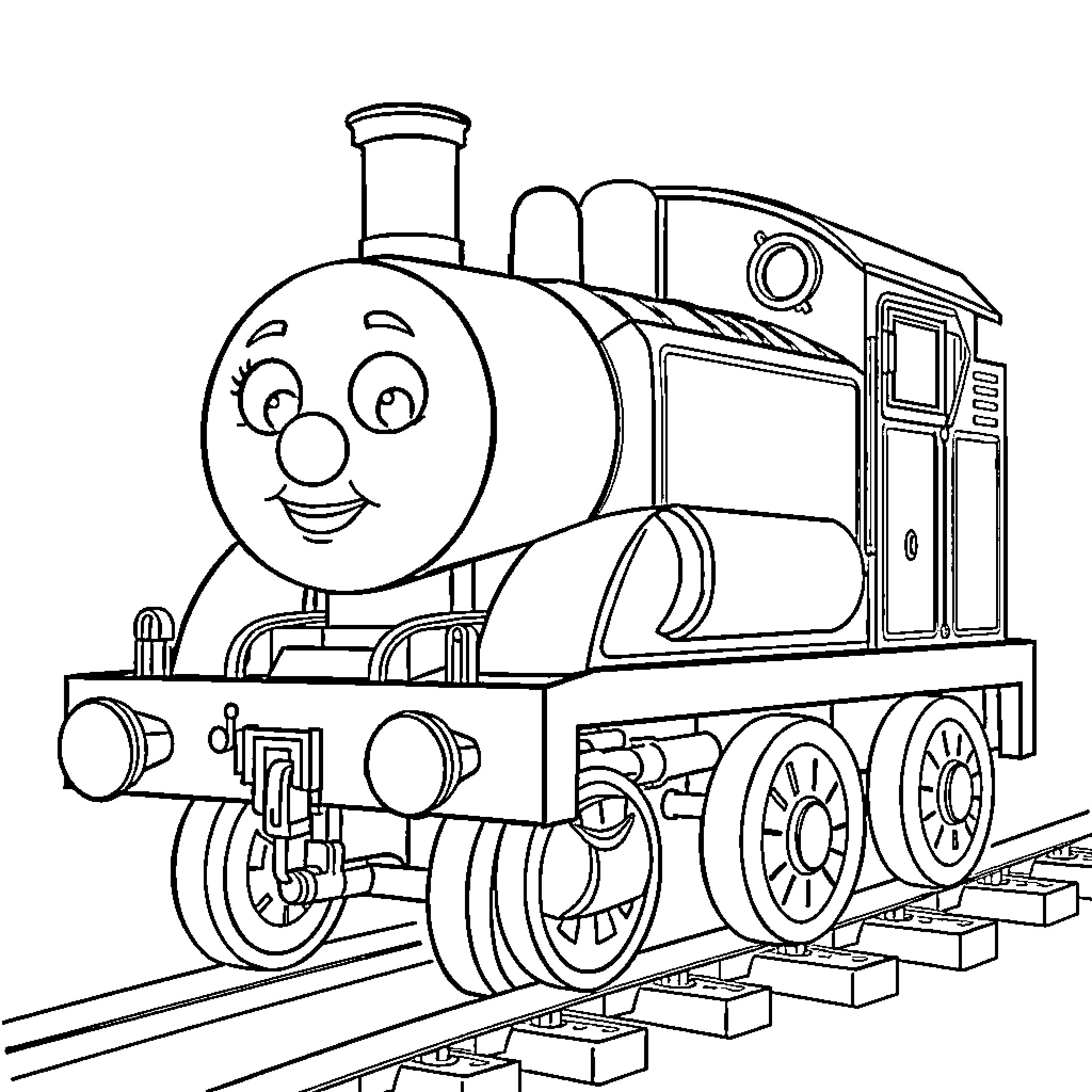 Train chugging along with cheerful expression Coloring Page (free black-and-white line drawing printable PDF for all, from beginners to advanced learners, including children, teens, adults, and seniors)
