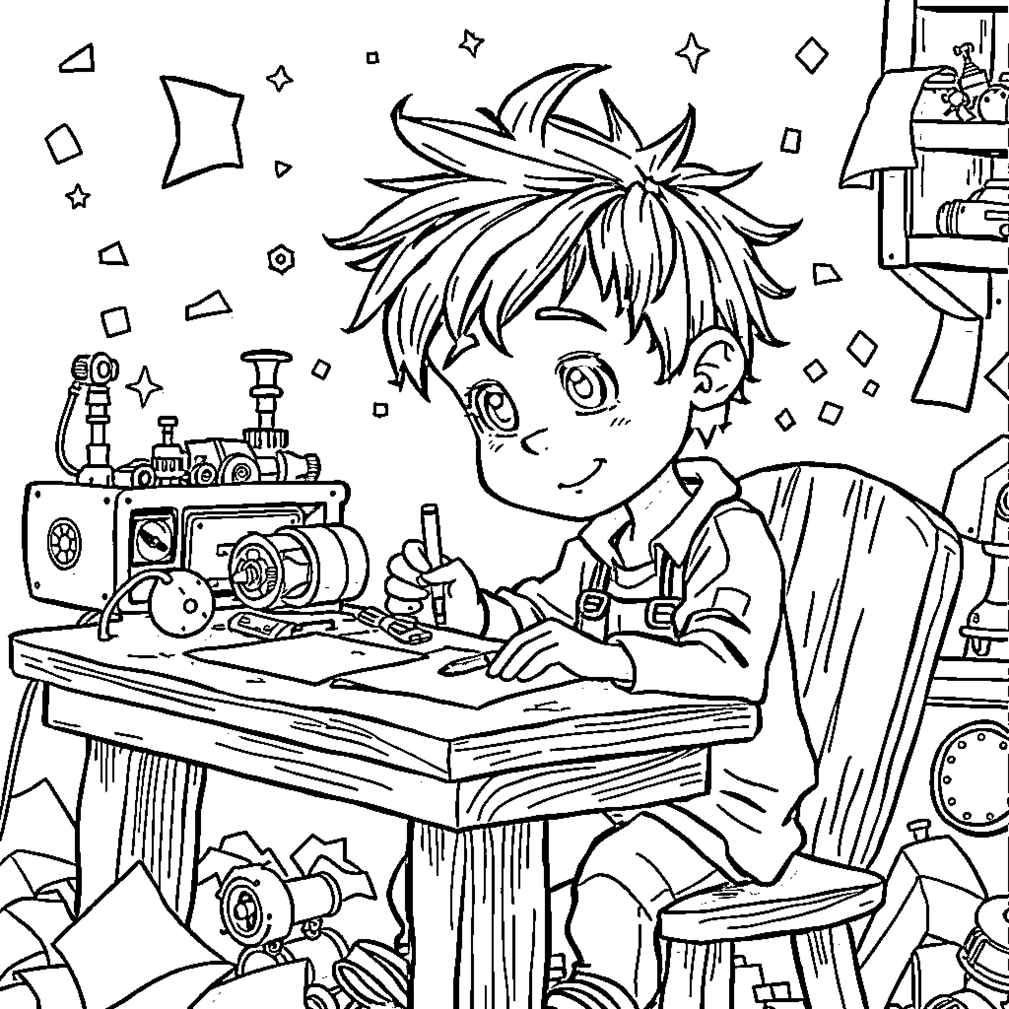 Boy drawing whimsical designs in a cluttered workshop Coloring Page (free black-and-white line drawing printable PDF for all, from beginners to advanced learners, including children, teens, adults, and seniors)