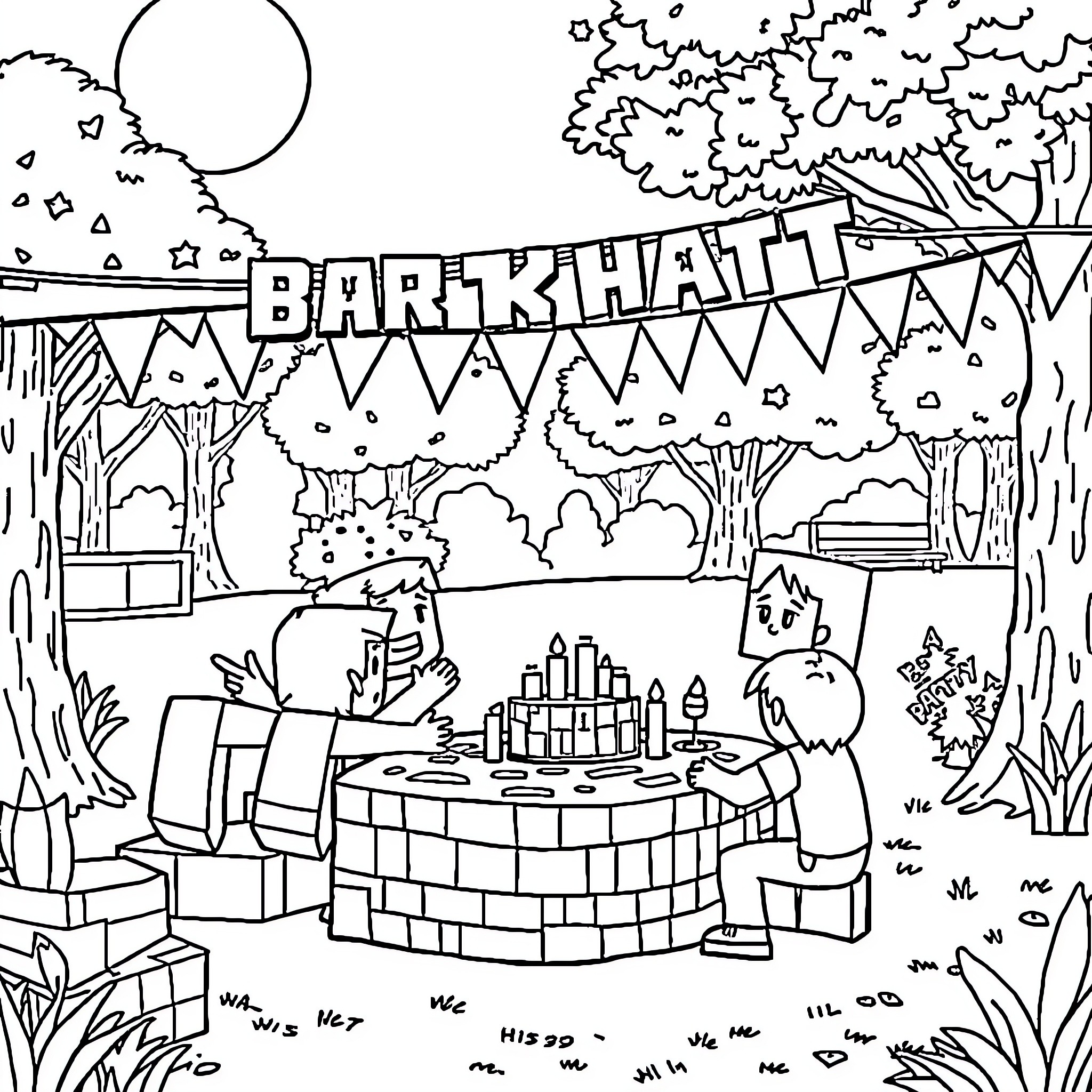 Minecraft characters celebrate a birthday party in the forest Coloring Page (free black-and-white line drawing printable PDF for all, from beginners to advanced learners, including children, teens, adults, and seniors)