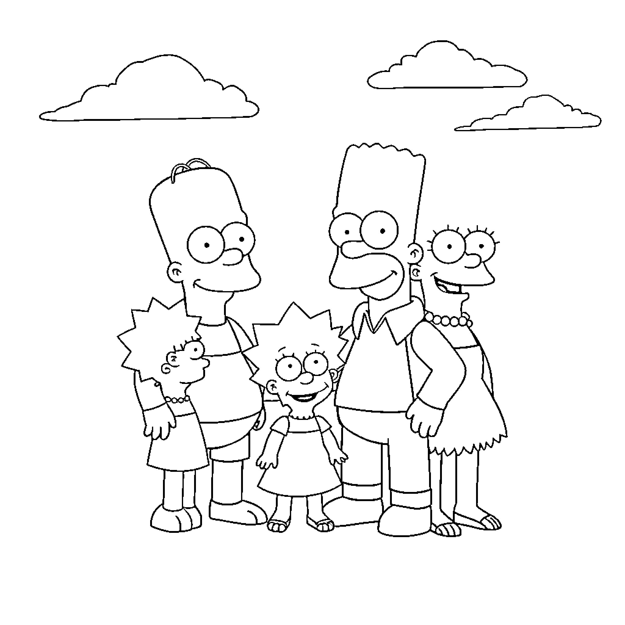 Simpson family members posing together happily Coloring Page (free black-and-white line drawing printable PDF for all, from beginners to advanced learners, including children, teens, adults, and seniors)
