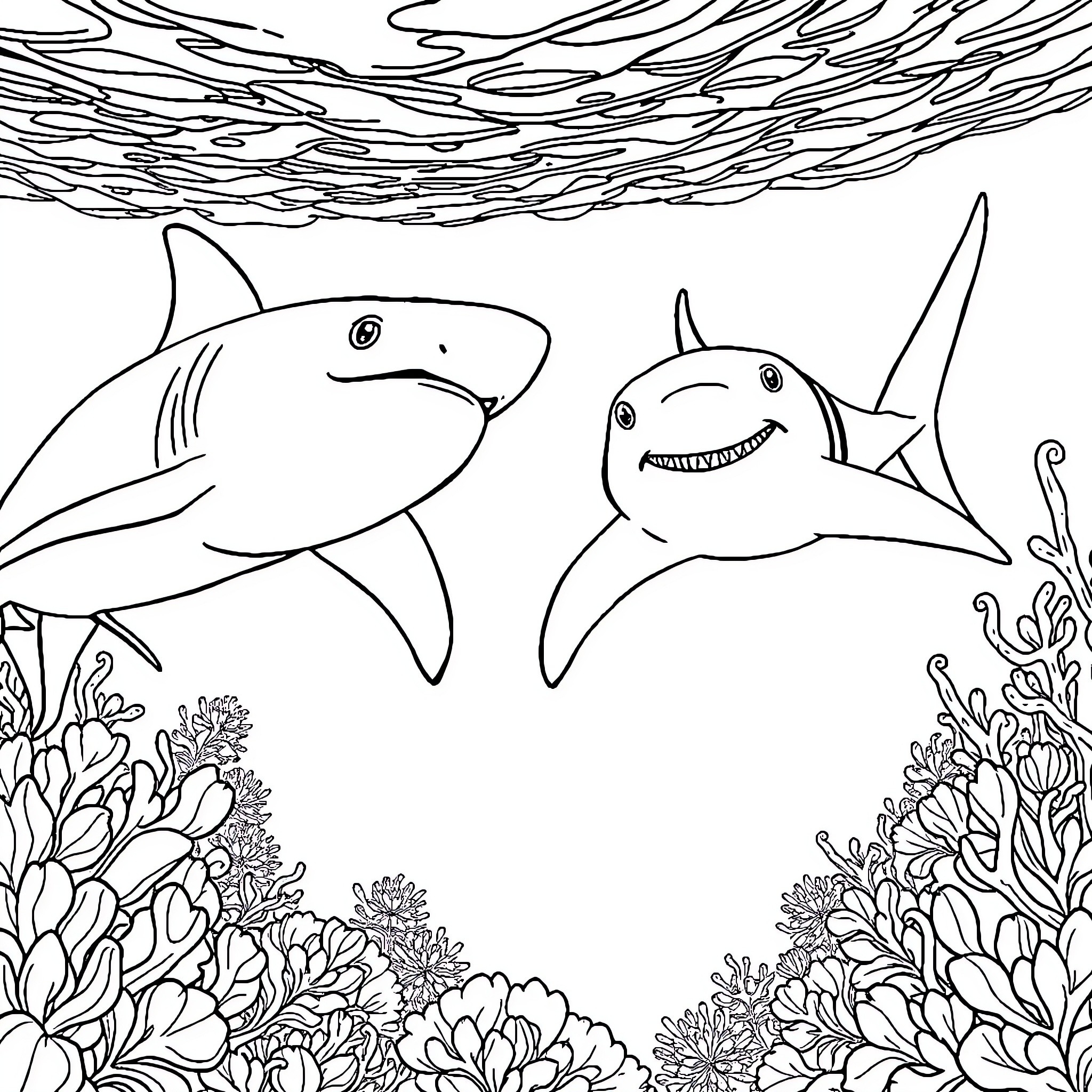 Labubu's Underwater Adventure with Sharks Coloring Page (free black-and-white line drawing printable PDF for all, from beginners to advanced learners, including children, teens, adults, and seniors)