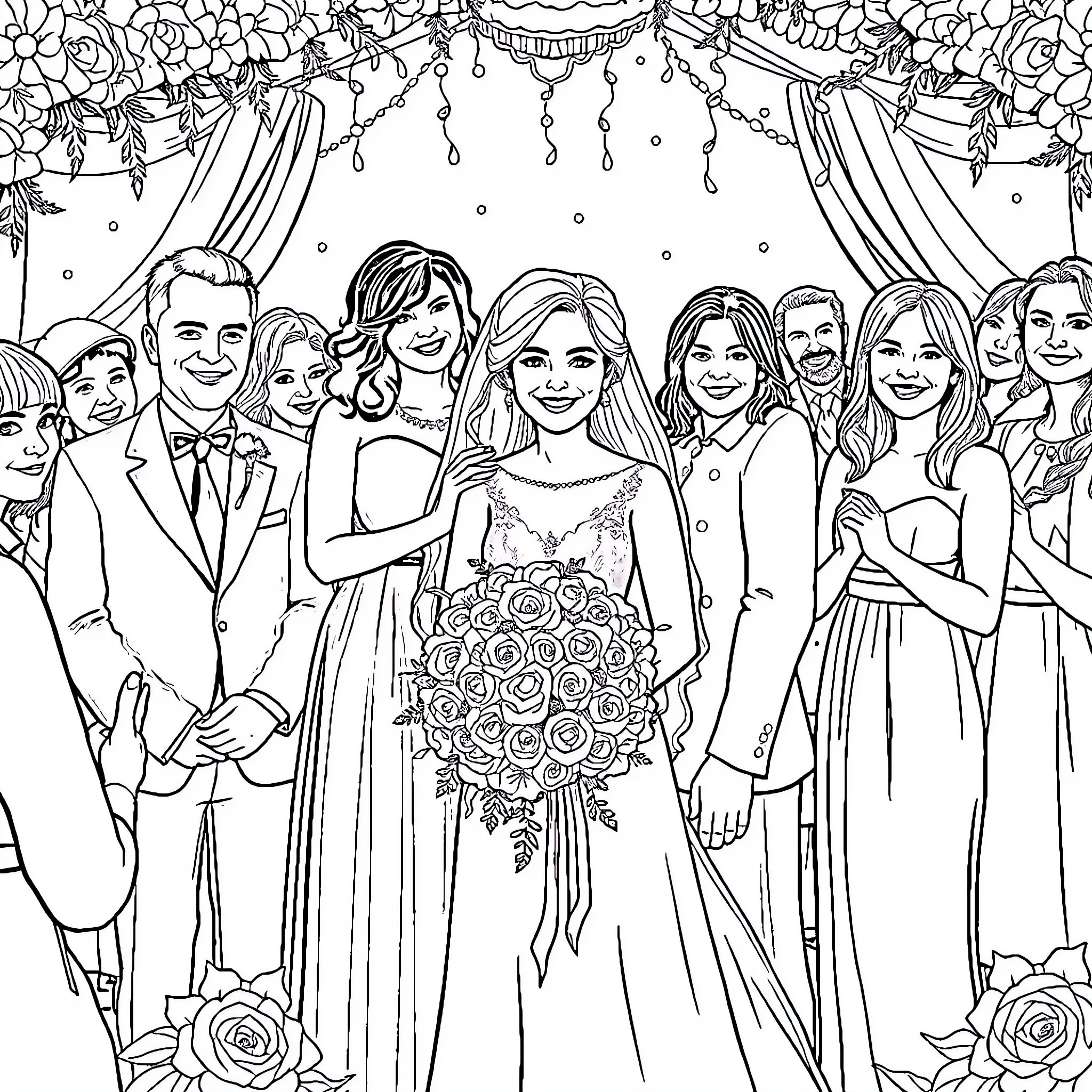 Wedding celebration with joyful people and decorations Coloring Page (free black-and-white line drawing printable PDF for all, from beginners to advanced learners, including children, teens, adults, and seniors)