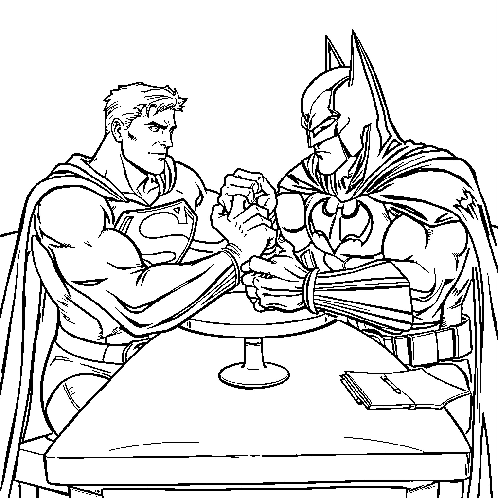 Superman and Batman engage in a friendly arm-wrestling match Coloring Page (free black-and-white line drawing printable PDF for all, from beginners to advanced learners, including children, teens, adults, and seniors)