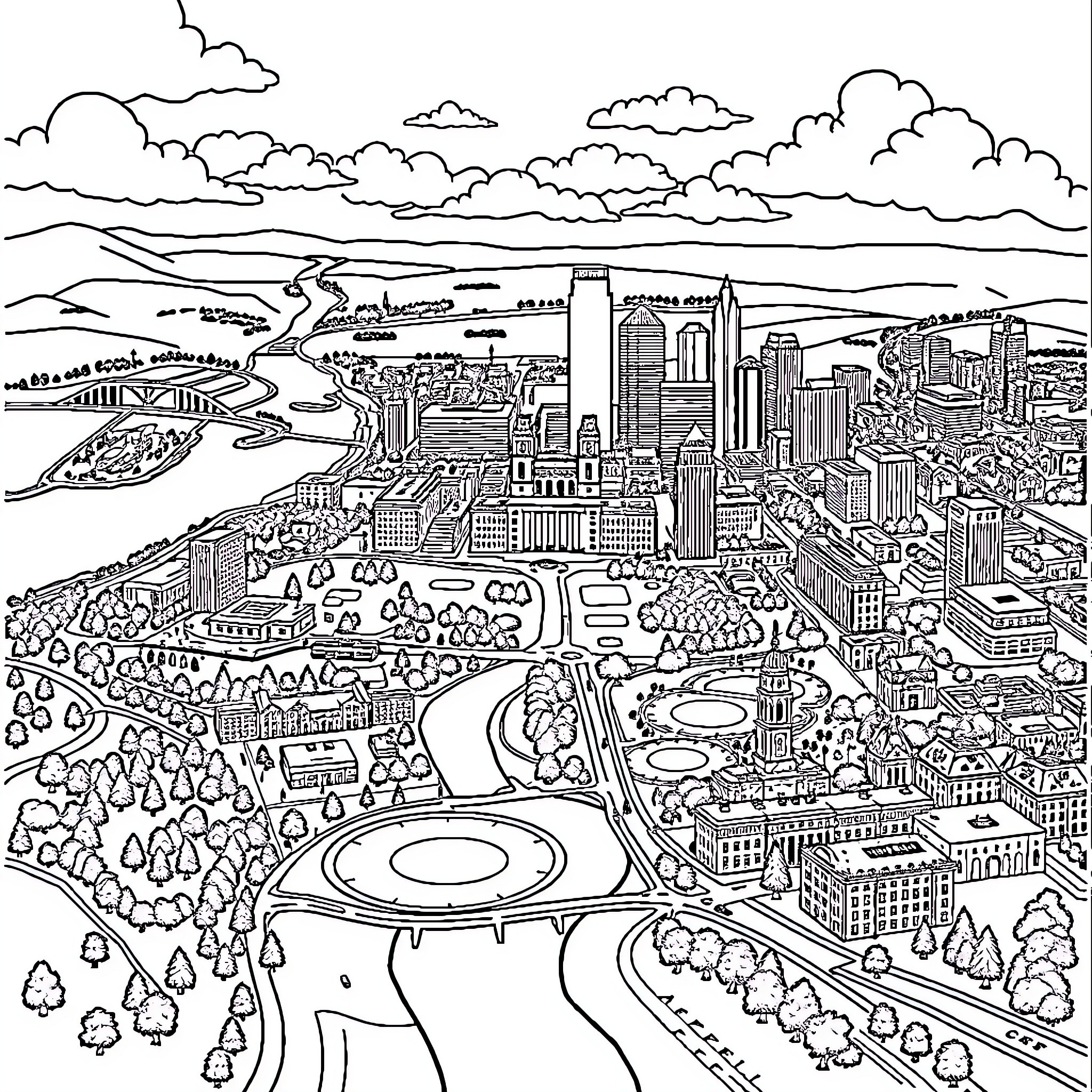 Map of a Busy City Skyline Coloring Page (free black-and-white line drawing printable PDF for all, from beginners to advanced learners, including children, teens, adults, and seniors)
