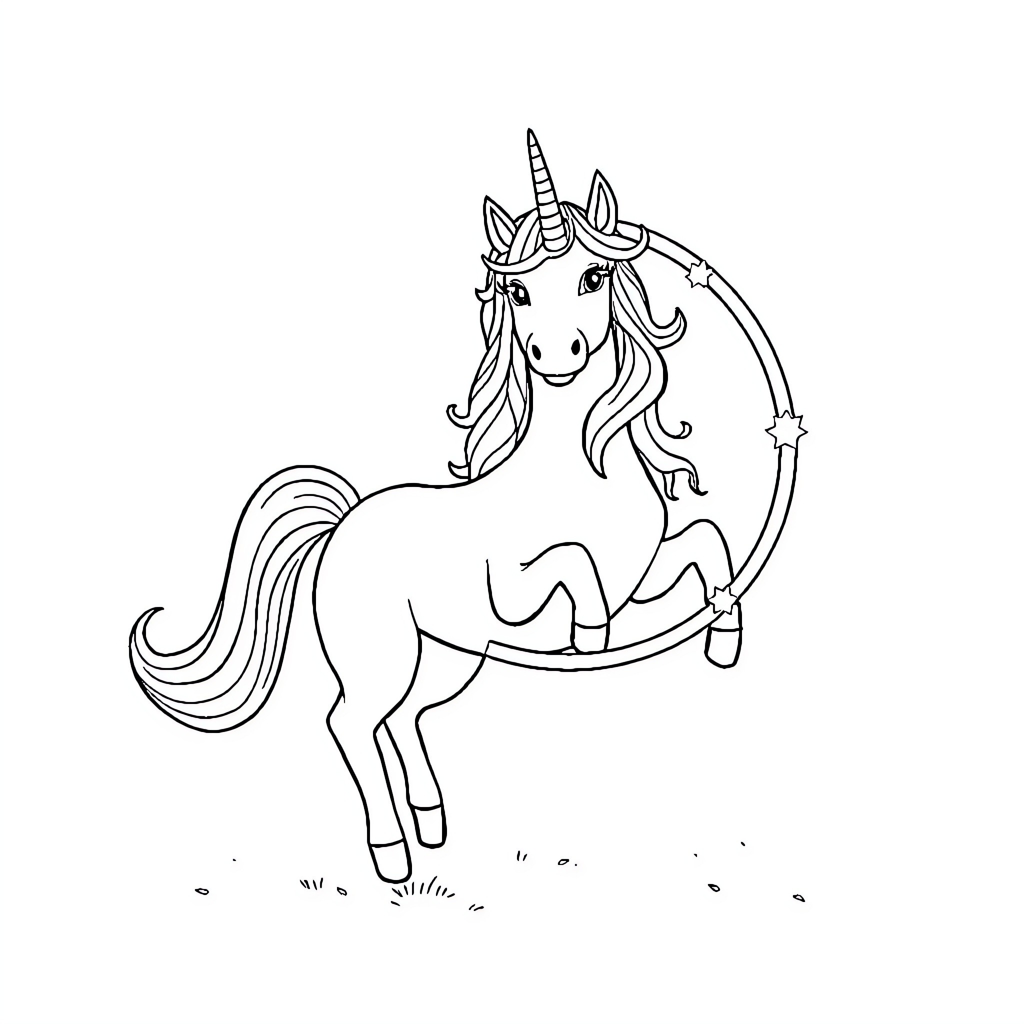 Unicorn standing within magical ring Coloring Page (free black-and-white line drawing printable PDF for all, from beginners to advanced learners, including children, teens, adults, and seniors)