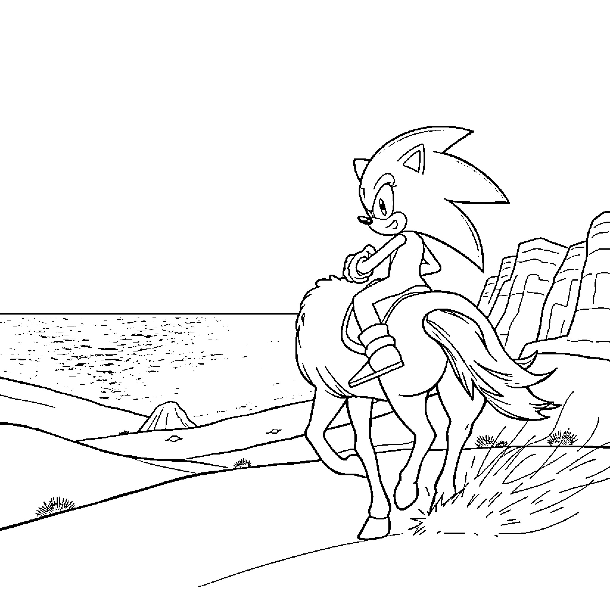 Sonic running speedily through the desert landscape Coloring Page (free black-and-white line drawing printable PDF for all, from beginners to advanced learners, including children, teens, adults, and seniors)
