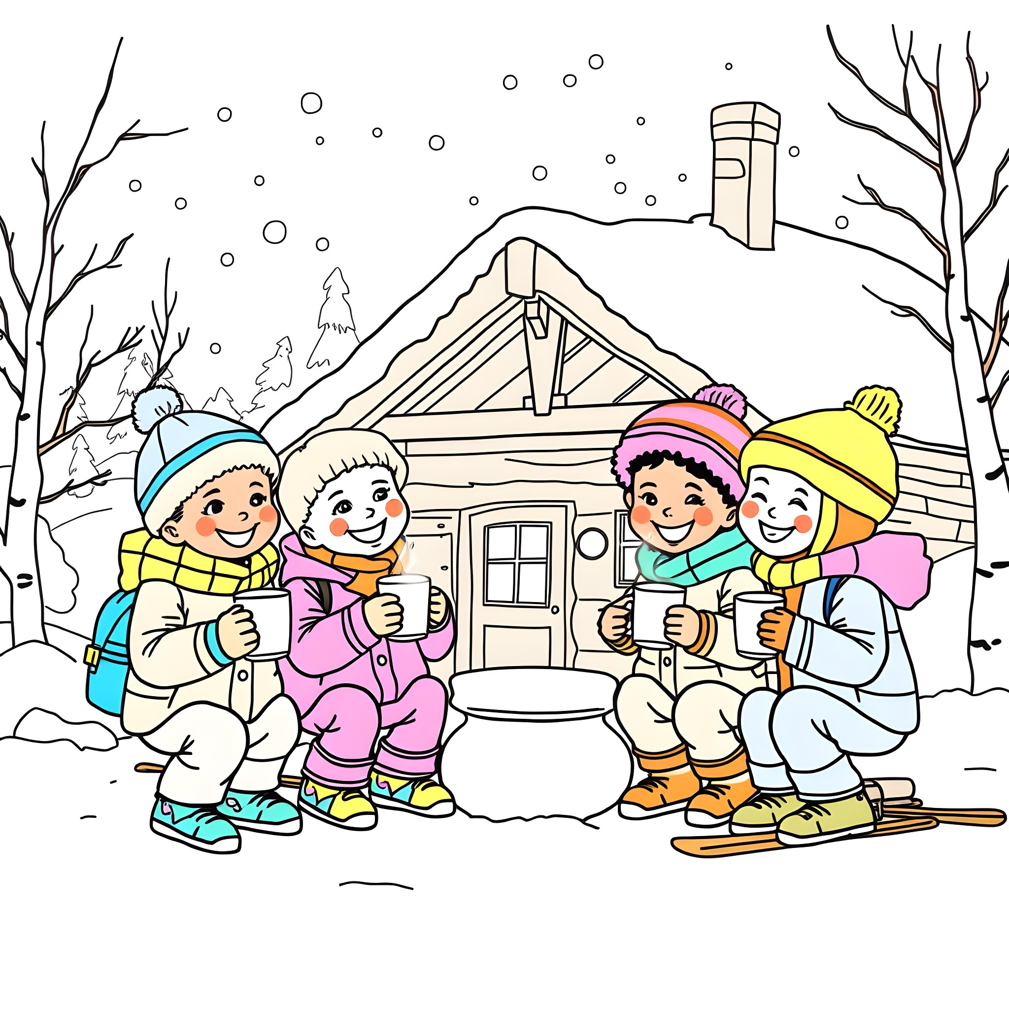 Child friends enjoying winter activities by a snowy cabin Coloring Page (free black-and-white line drawing printable PDF for all, from beginners to advanced learners, including children, teens, adults, and seniors)