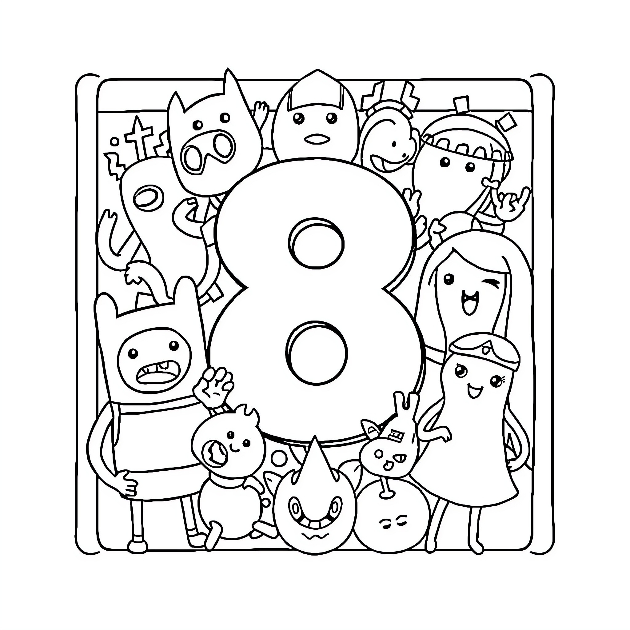 Number 8 surrounded by playful cartoon characters Coloring Page (free black-and-white line drawing printable PDF for all, from beginners to advanced learners, including children, teens, adults, and seniors)
