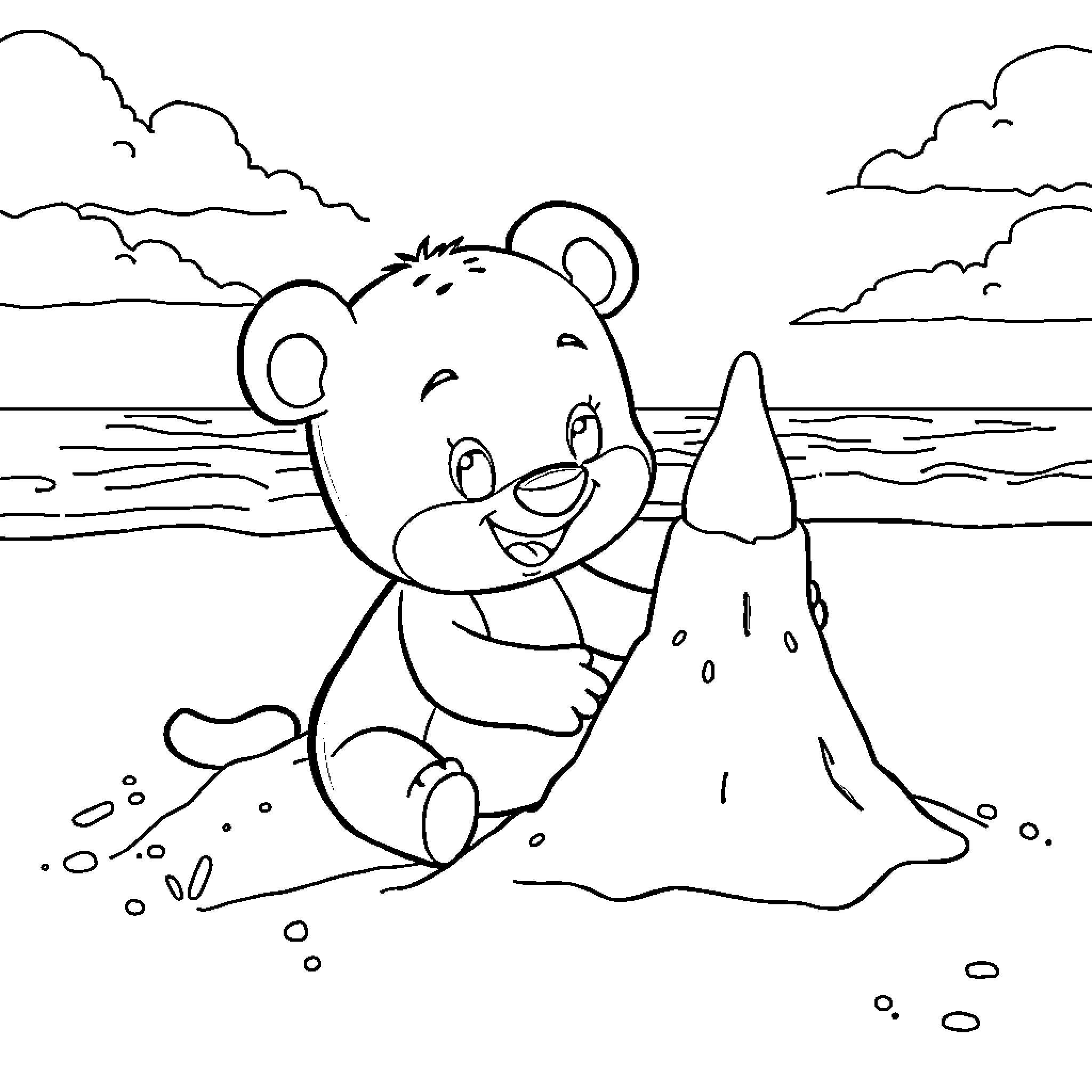 Bluey enjoying a sandy day at the beach Coloring Page (free black-and-white line drawing printable PDF for all, from beginners to advanced learners, including children, teens, adults, and seniors)